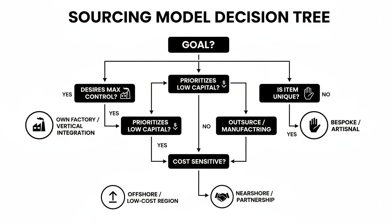 A sourcing model decision tree illustrating paths based on control, capital, uniqueness, and cost sensitivity.