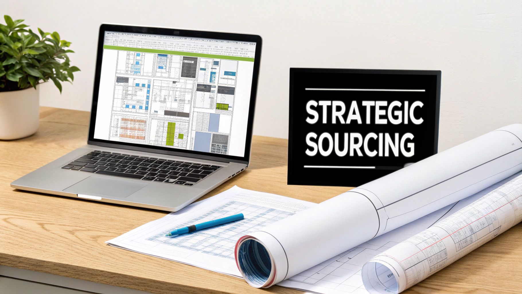 A laptop on a wooden desk with a plant, documents, blueprints, and a 'Strategic Sourcing' sign.