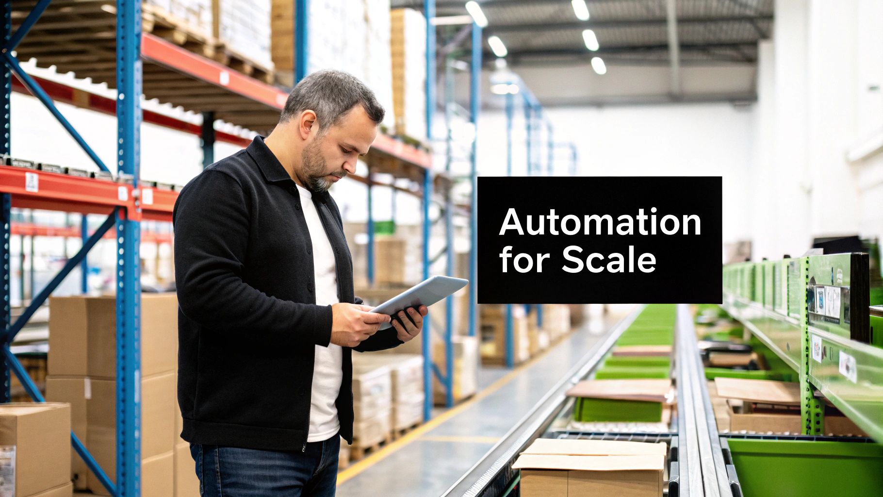 A man uses a tablet in a modern warehouse, overseeing automated logistics processes and inventory.