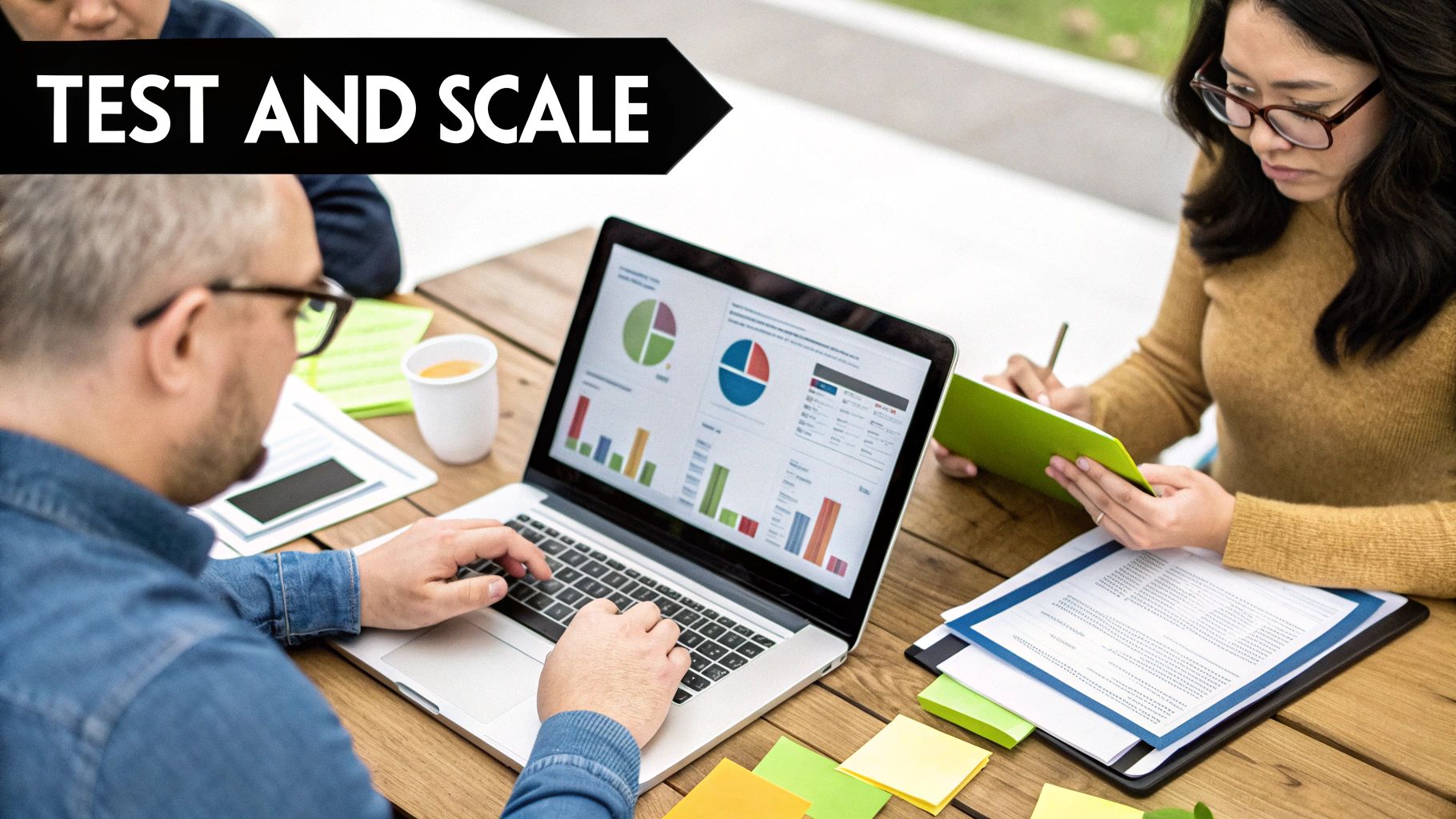 Three people collaborate in an office, one typing on a laptop with data graphs, another taking notes.