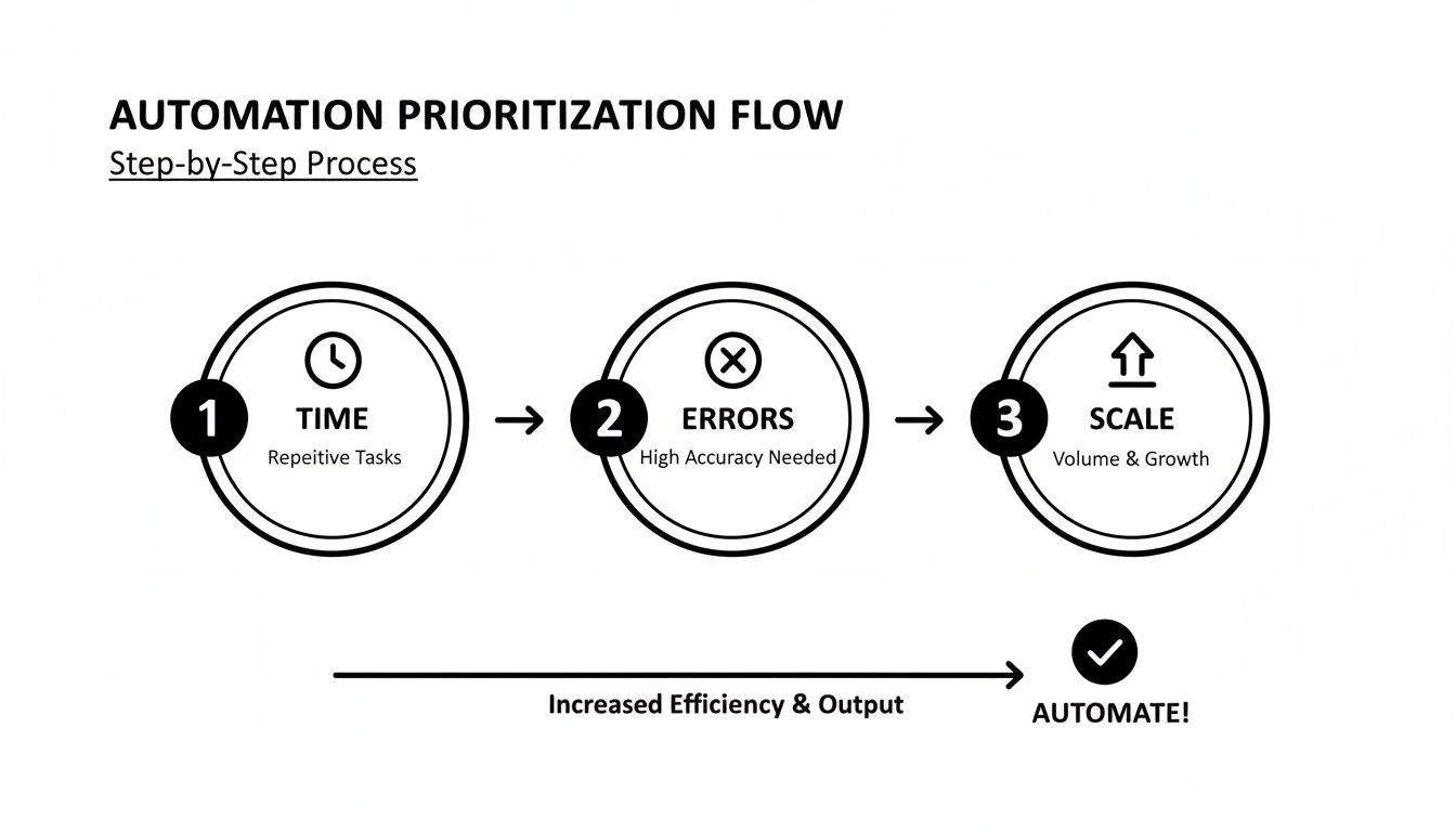 A step-by-step automation prioritization flow illustrating time, errors, and scale leading to increased efficiency.