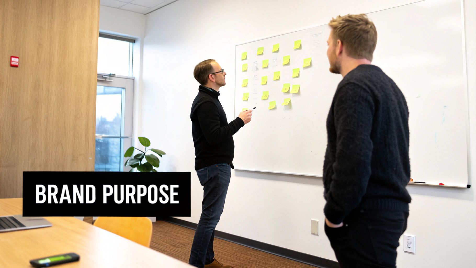 Two men collaborate in an office, discussing ideas on a whiteboard covered with yellow sticky notes.