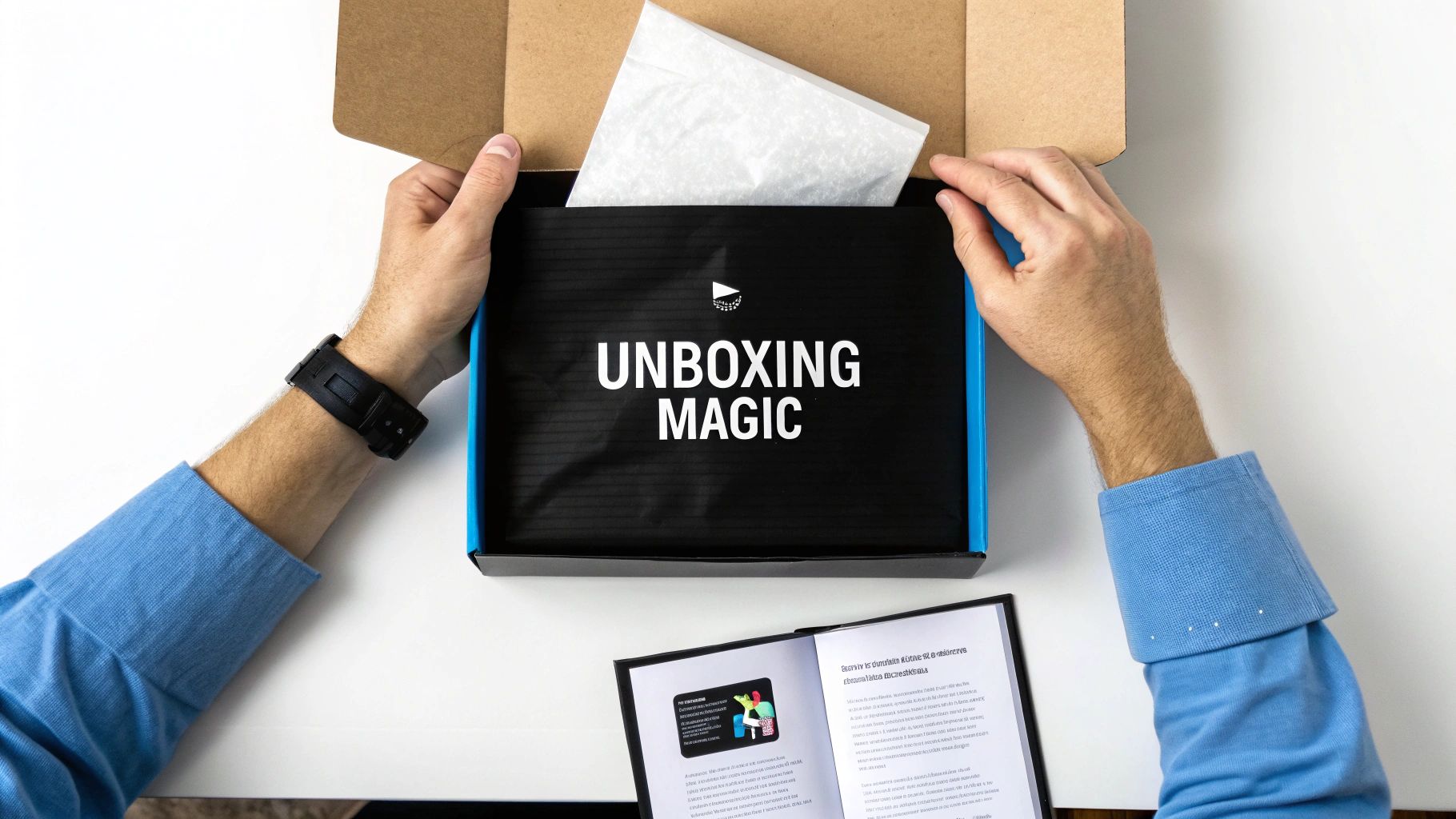 Top-down view of hands unboxing a black box with "UNBOXING MAGIC" text, revealing white tissue paper inside.