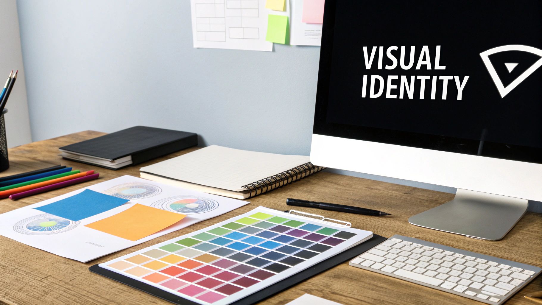A designer's workspace featuring a computer screen displaying 'Visual Identity' and various design tools.
