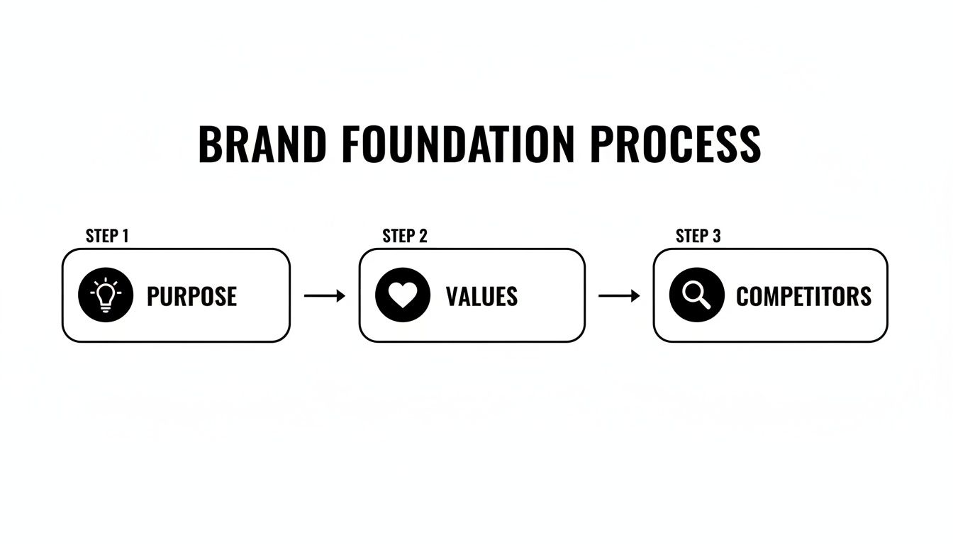 A brand foundation process diagram illustrating three key steps: Purpose, Values, and Competitors, with arrows showing the progression.