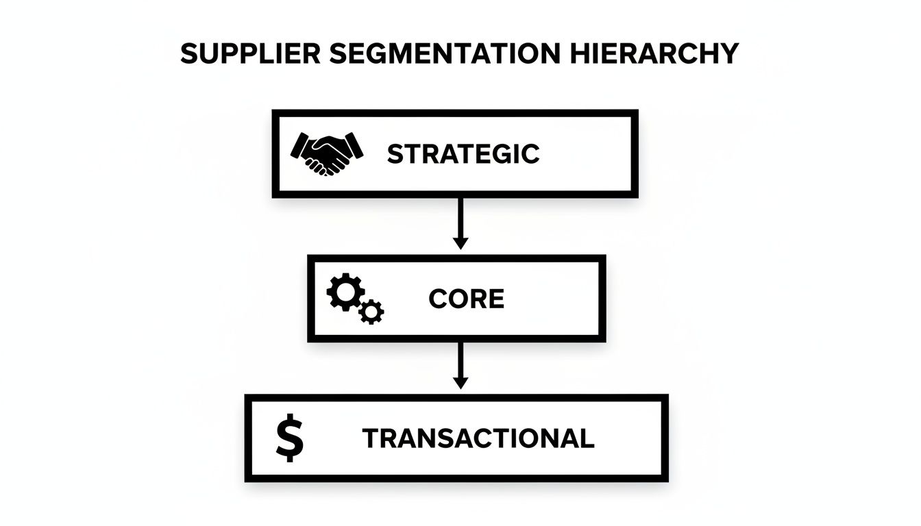 Supplier Segmentation Hierarchy diagram showing Strategic, Core, and Transactional levels with icons.