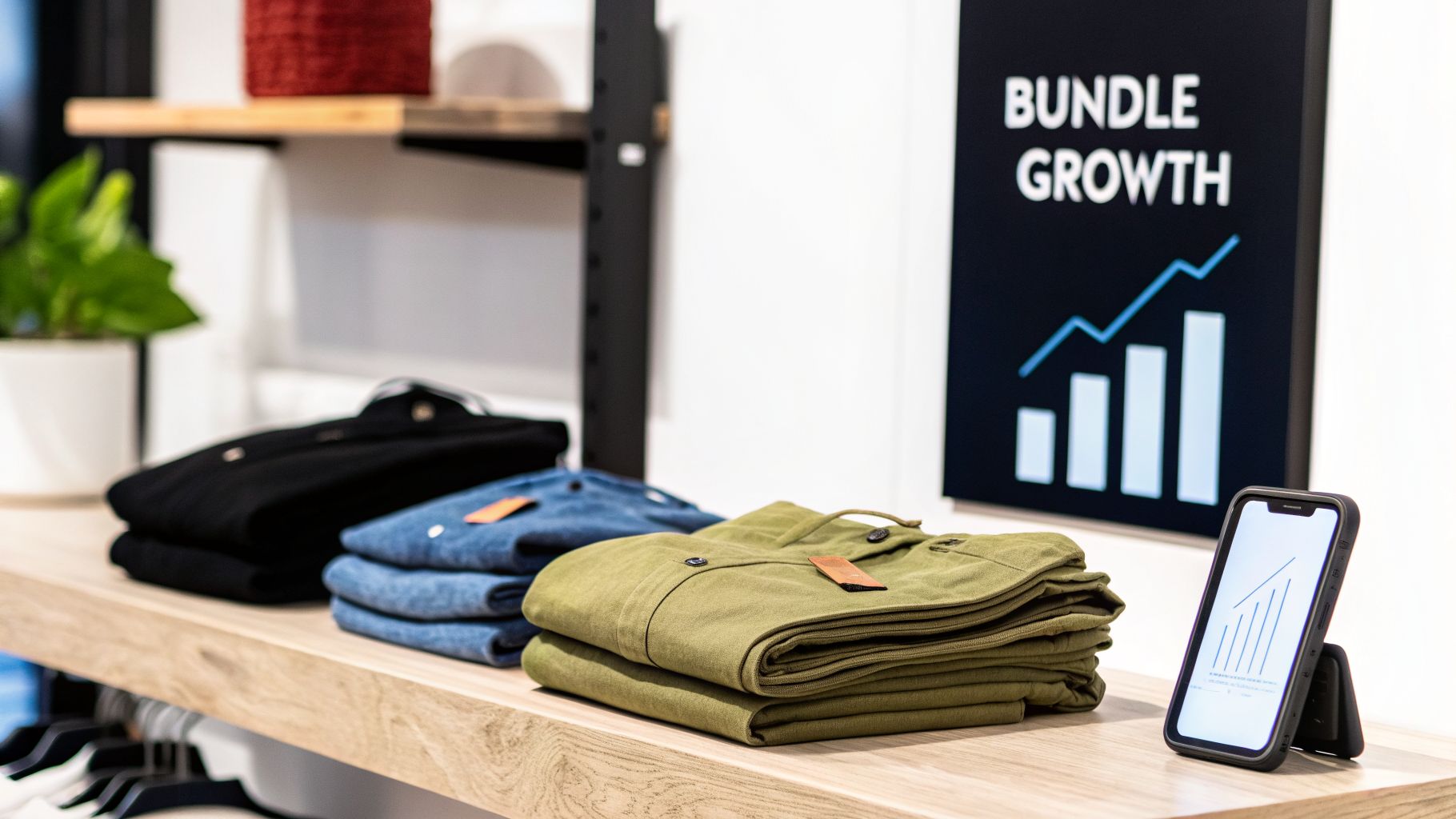 Store shelf with folded black, blue, and olive clothing, a 'BUNDLE GROWTH' sign, and a smartphone displaying sales analytics.