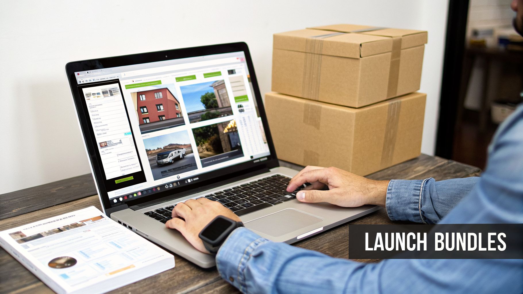Man using a laptop to manage product bundles, with shipping boxes and a document nearby.