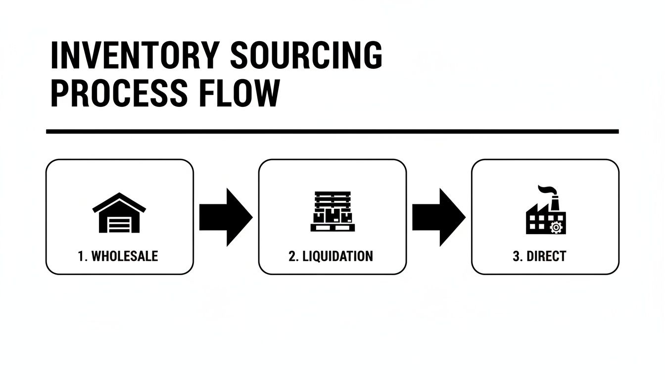 Inventory sourcing process flow diagram outlining three methods: Wholesale, Liquidation, and Direct.