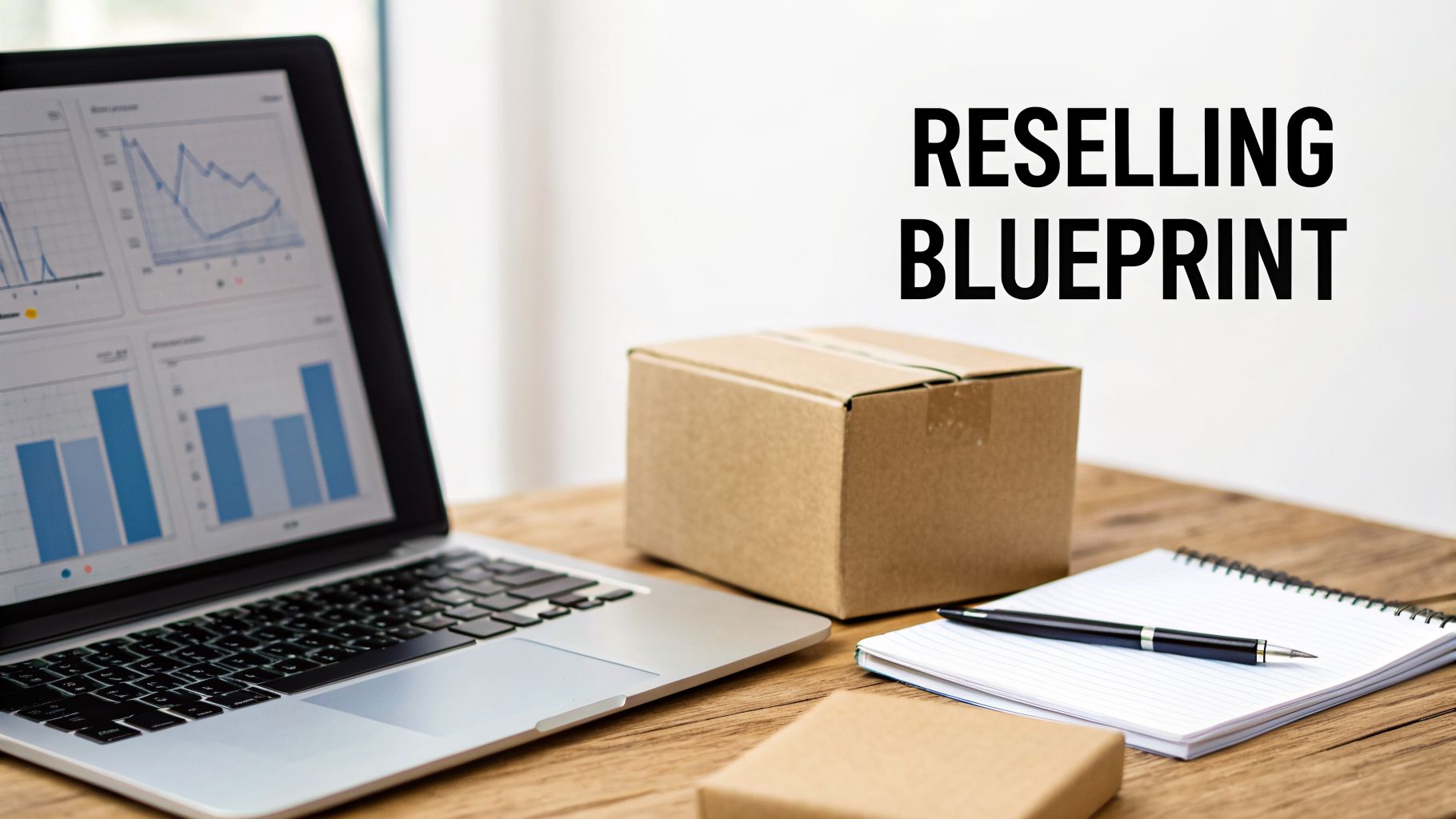 A laptop showing business charts next to a cardboard box, a notepad, and a pen on a wooden desk with 'RESELLING BLUEPRINT' text.