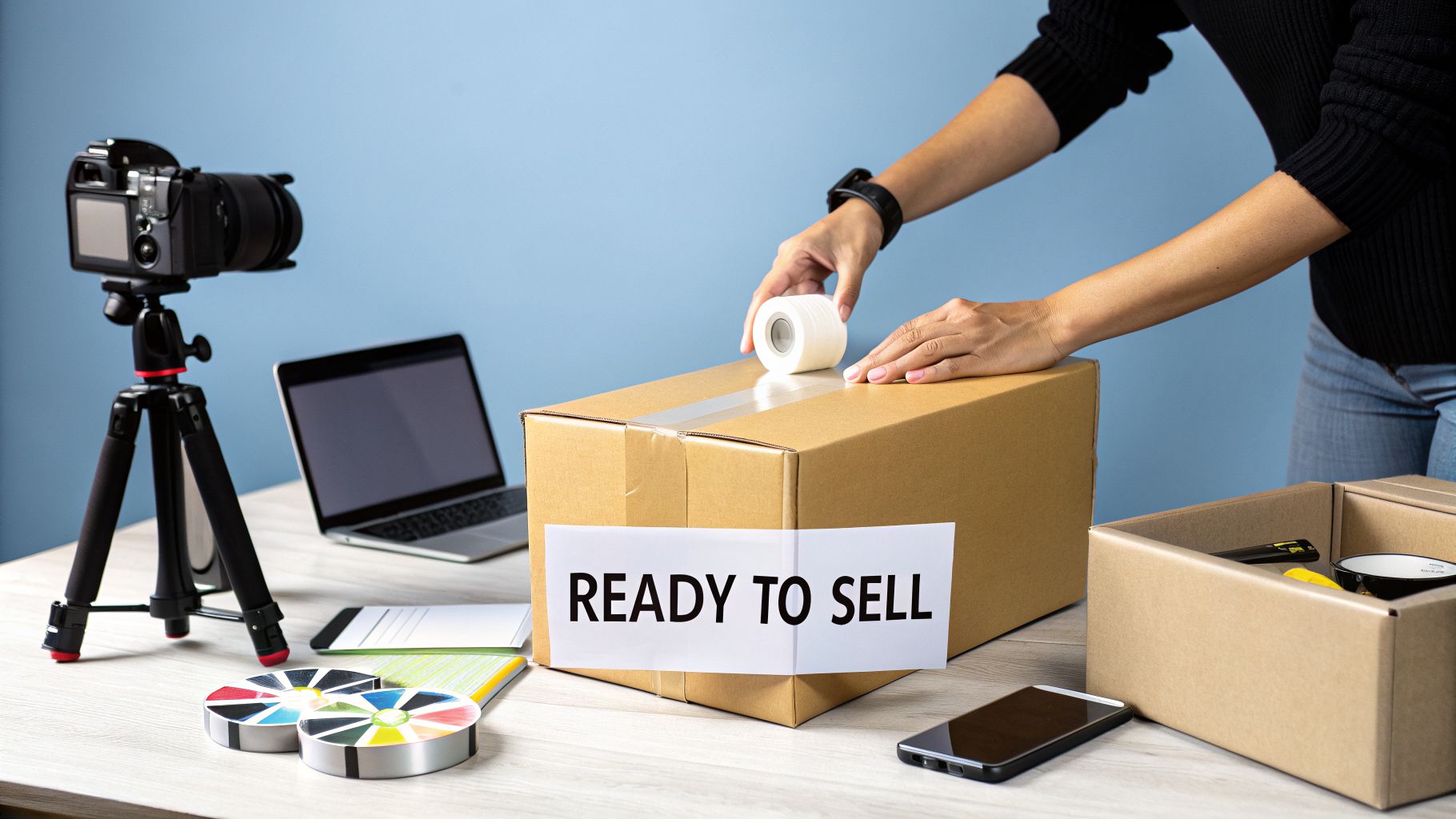 Person taping a 'READY TO SELL' cardboard box for online retail, with a camera and laptop.