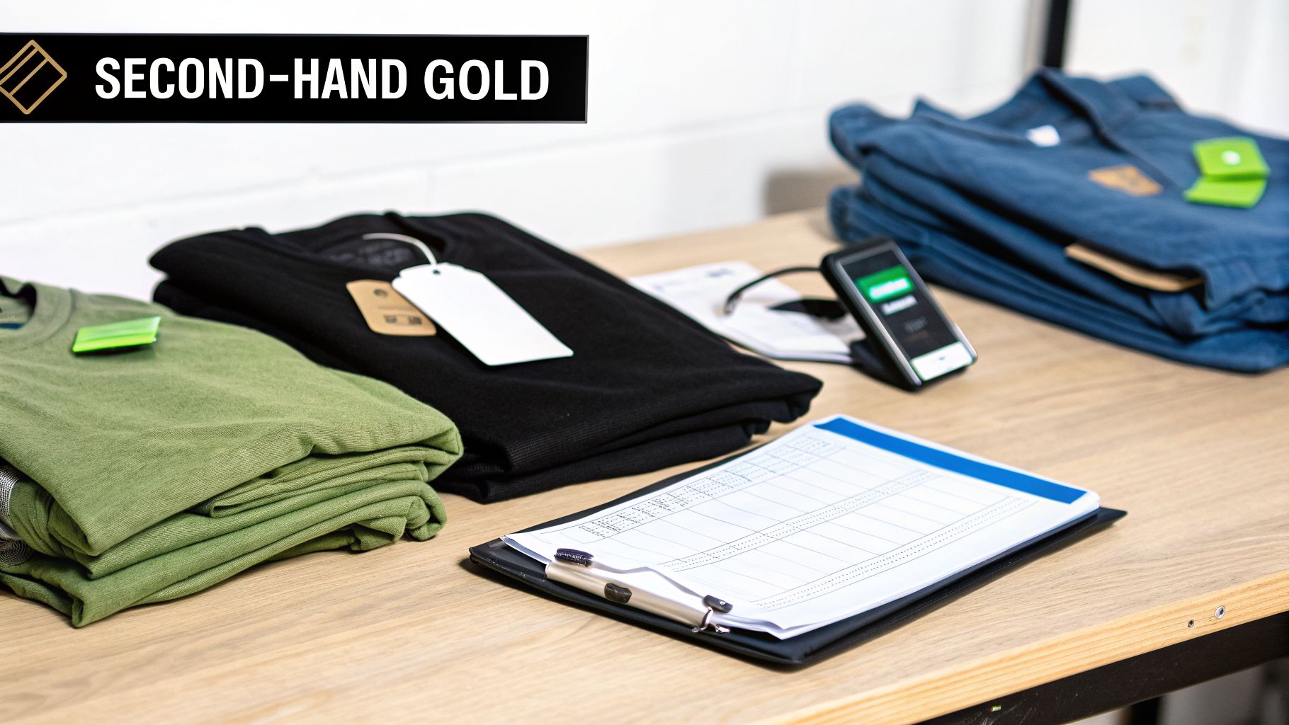 Neatly folded second-hand clothing items with price tags, an inventory sheet, and a smartphone.