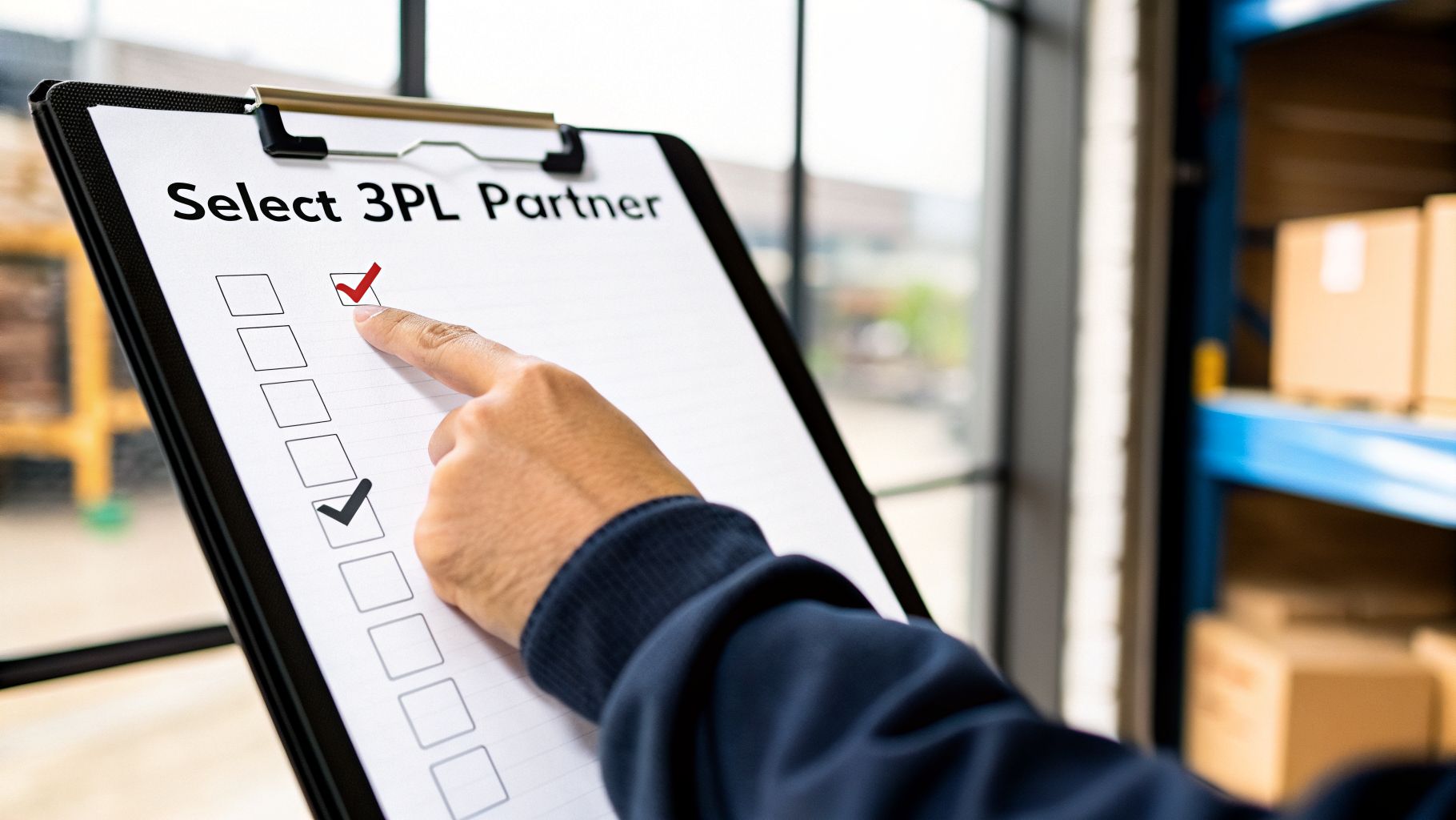 A hand points at a "Select 3PL Partner" checklist on a clipboard in a warehouse.