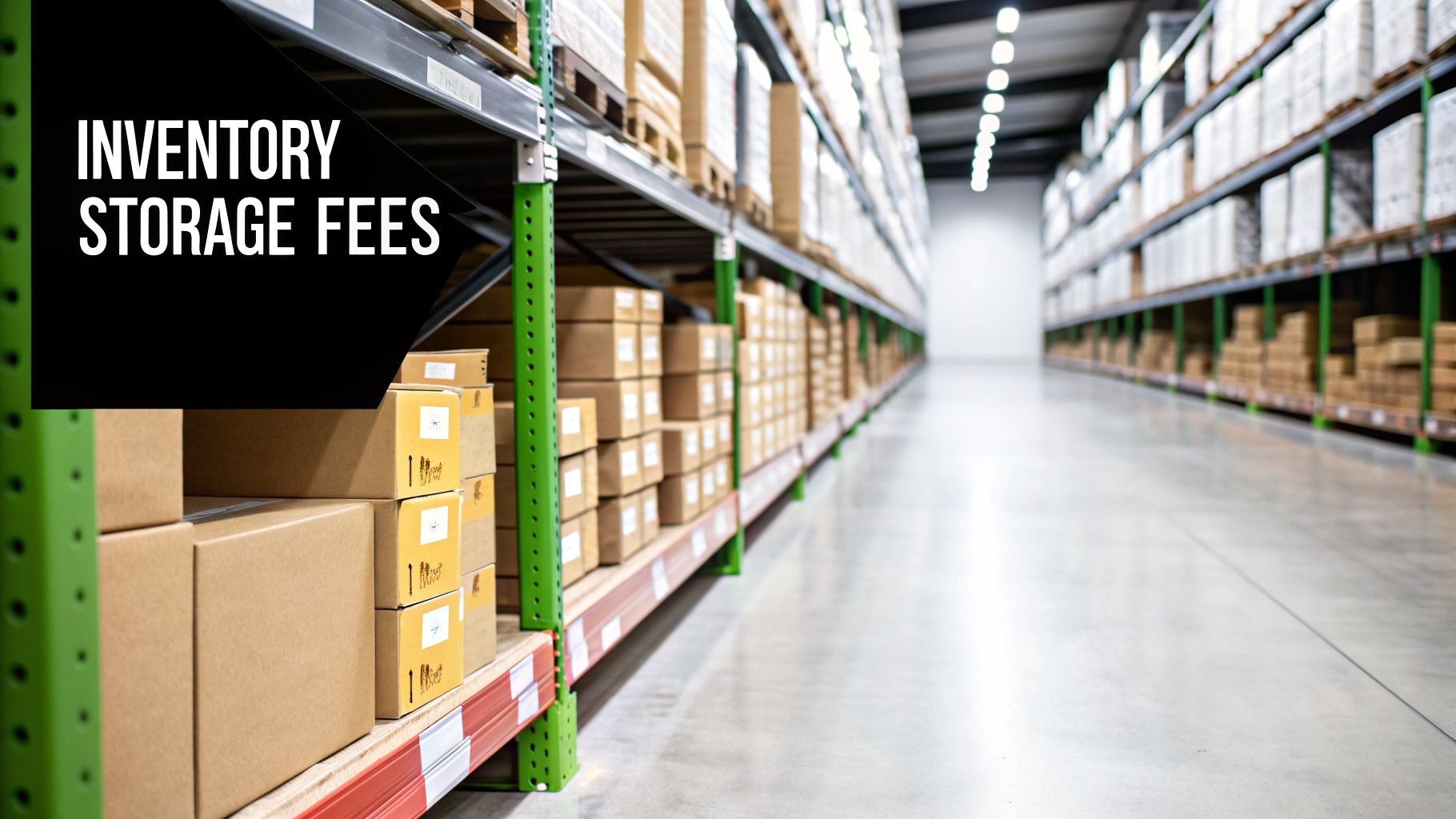 A warehouse aisle with shelves stocked with inventory boxes and a text overlay 'INVENTORY STORAGE FEES'.