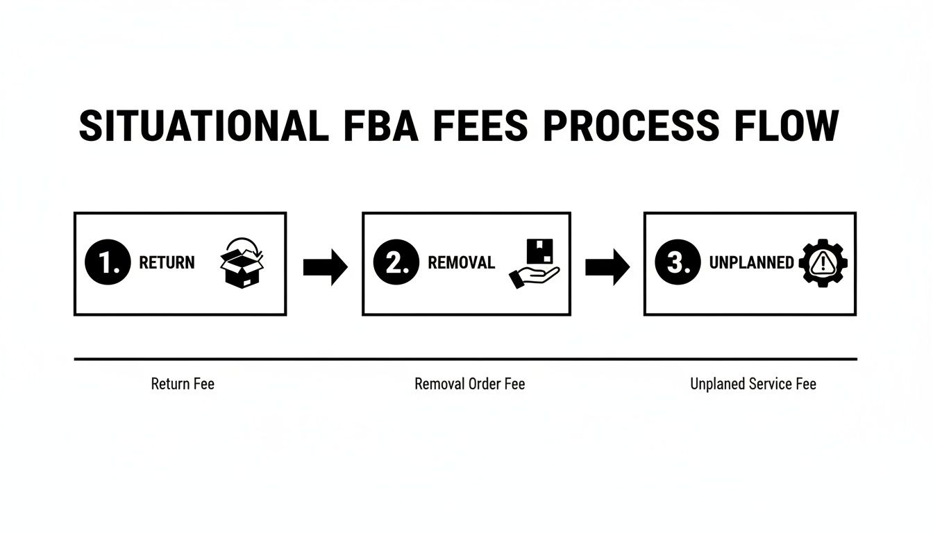 A flowchart illustrating situational Amazon FBA fees: return, removal, and unplanned service fees.