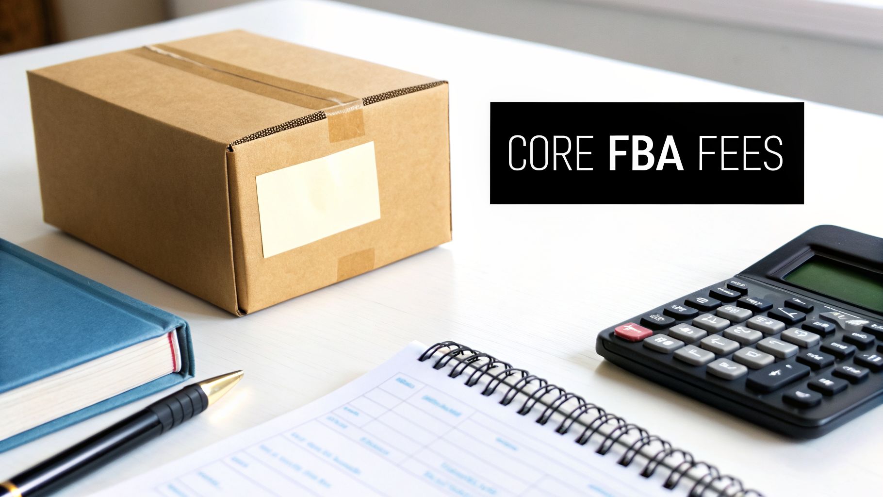 A desk setup with a cardboard box, blue book, pen, calculator, and notebook, featuring the text 'CORE FBA FEES'.