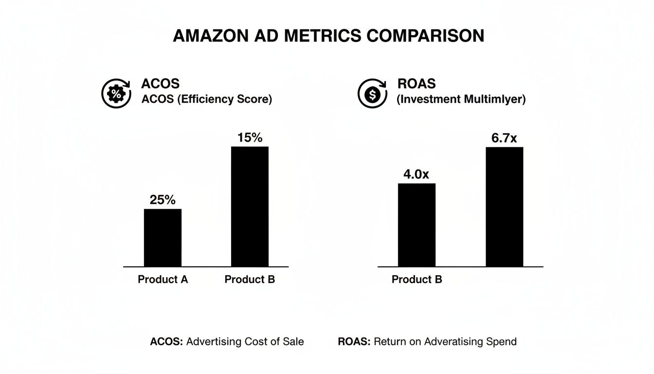 Bar chart comparing Amazon ACOS and ROAS for Product A and Product B, showing ad efficiency.