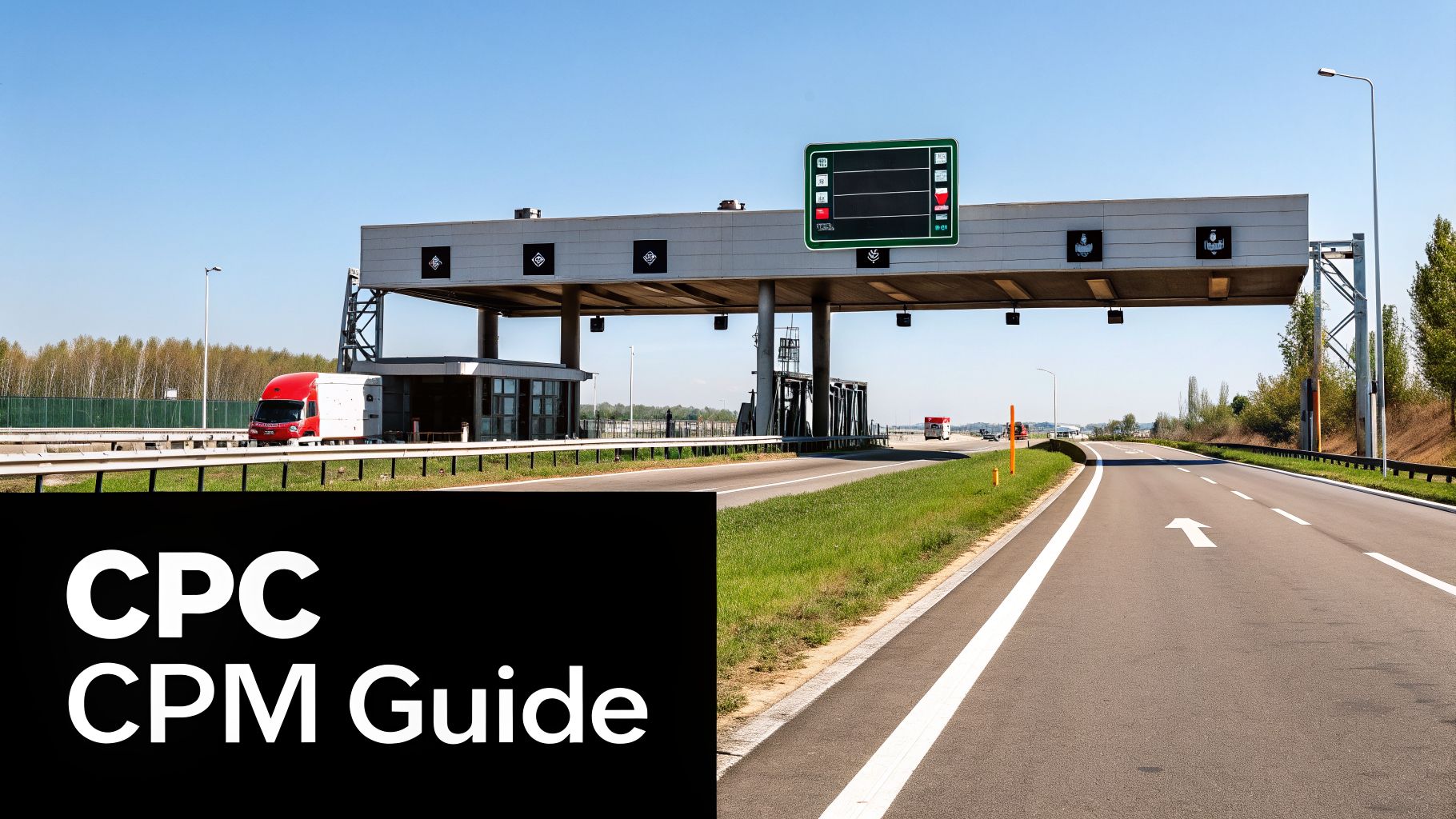 A modern highway toll gate with an overhead electronic sign and a red truck on a sunny day.