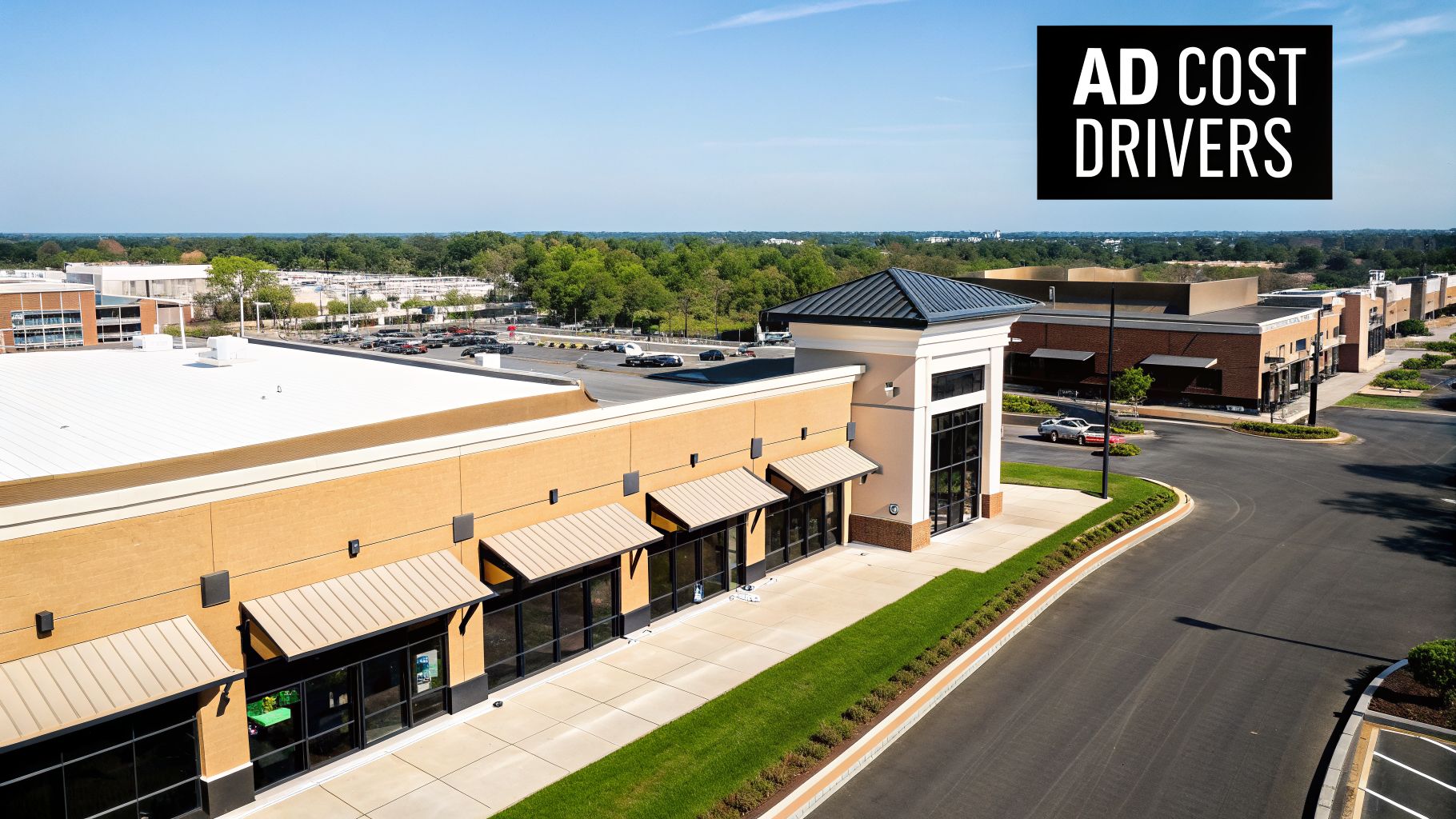 Aerial view of a modern shopping center with businesses, parking, and landscaping, featuring an 'AD COST DRIVERS' text overlay.