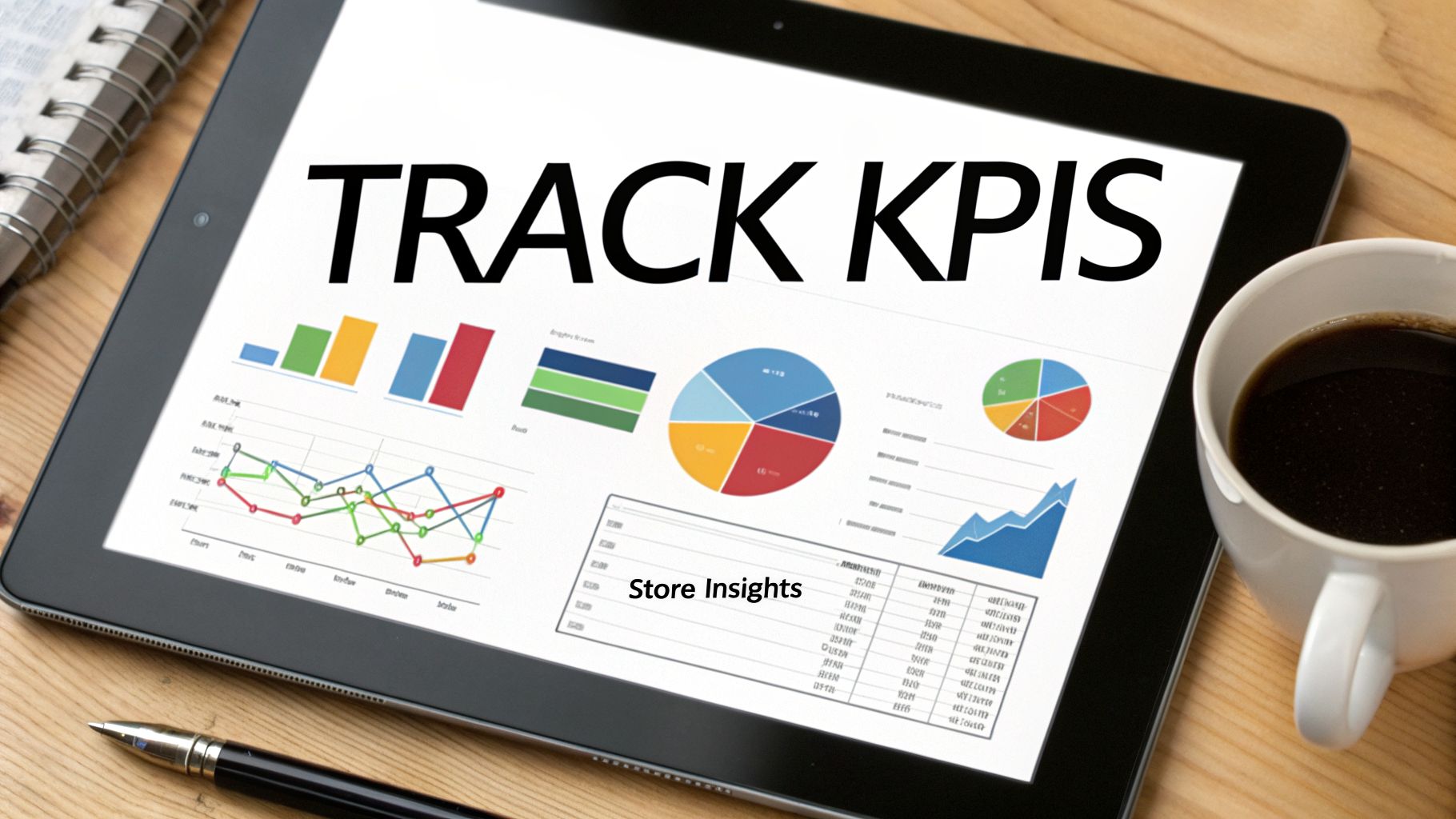 A tablet displays 'TRACK KPIS' with business analytics charts, data tables, a coffee cup, and a pen.