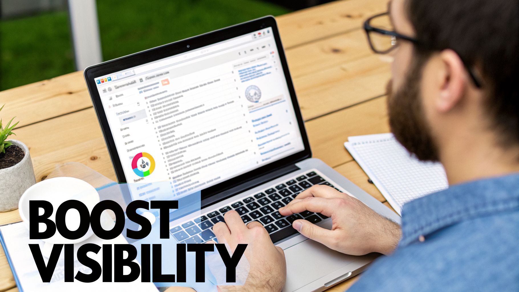 Man working on a laptop with a data dashboard and 'Boost Visibility' text overlay.