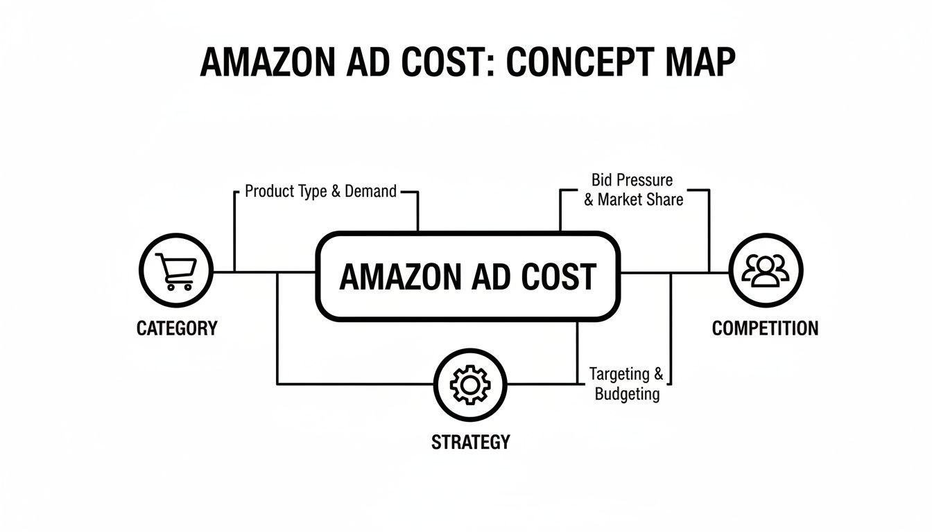 Concept map illustrating key factors that influence Amazon ad cost: category, competition, and strategy.