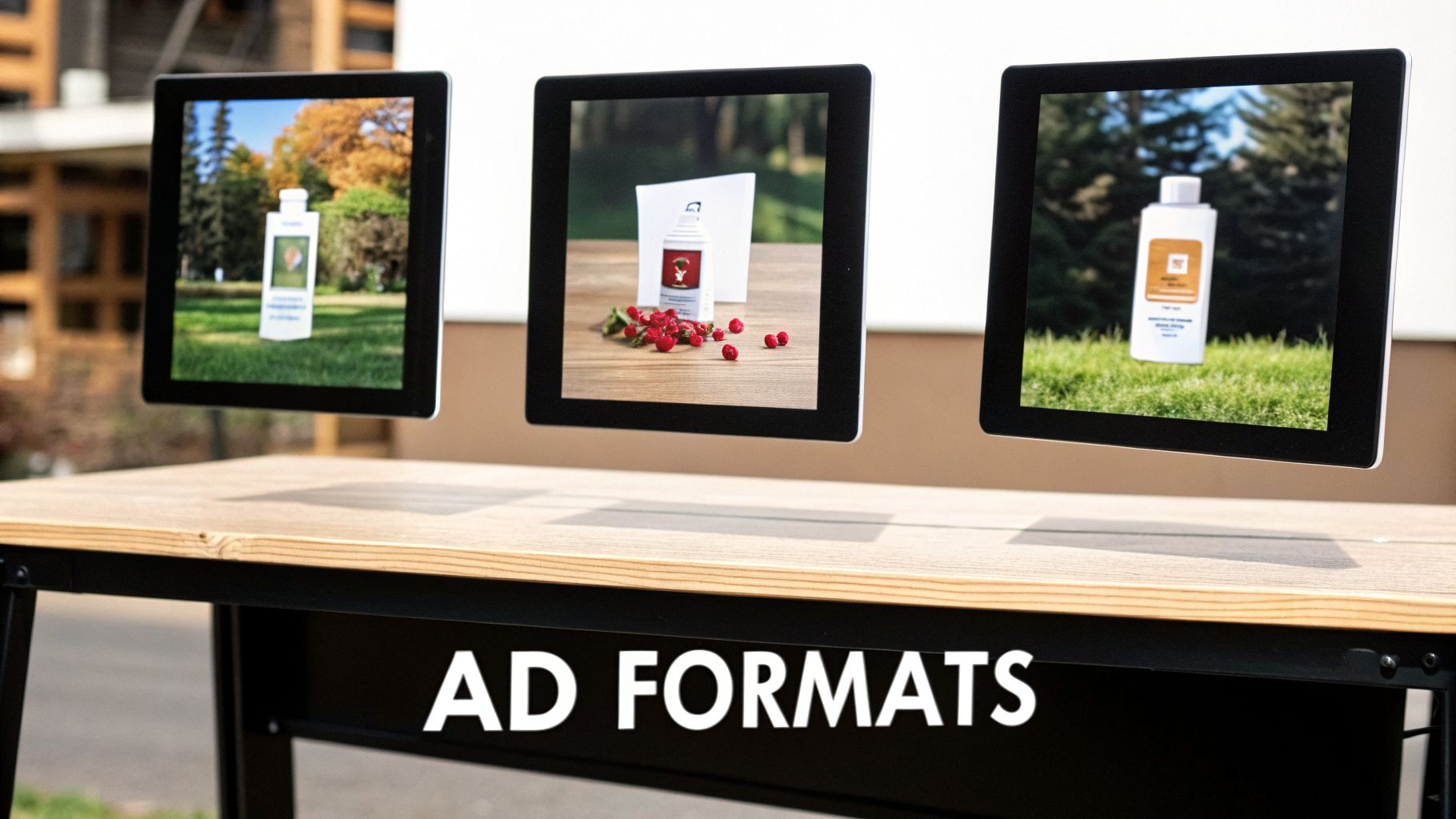 Three digital screens showcasing diverse product ad formats, floating above a table with 'AD FORMATS' text.