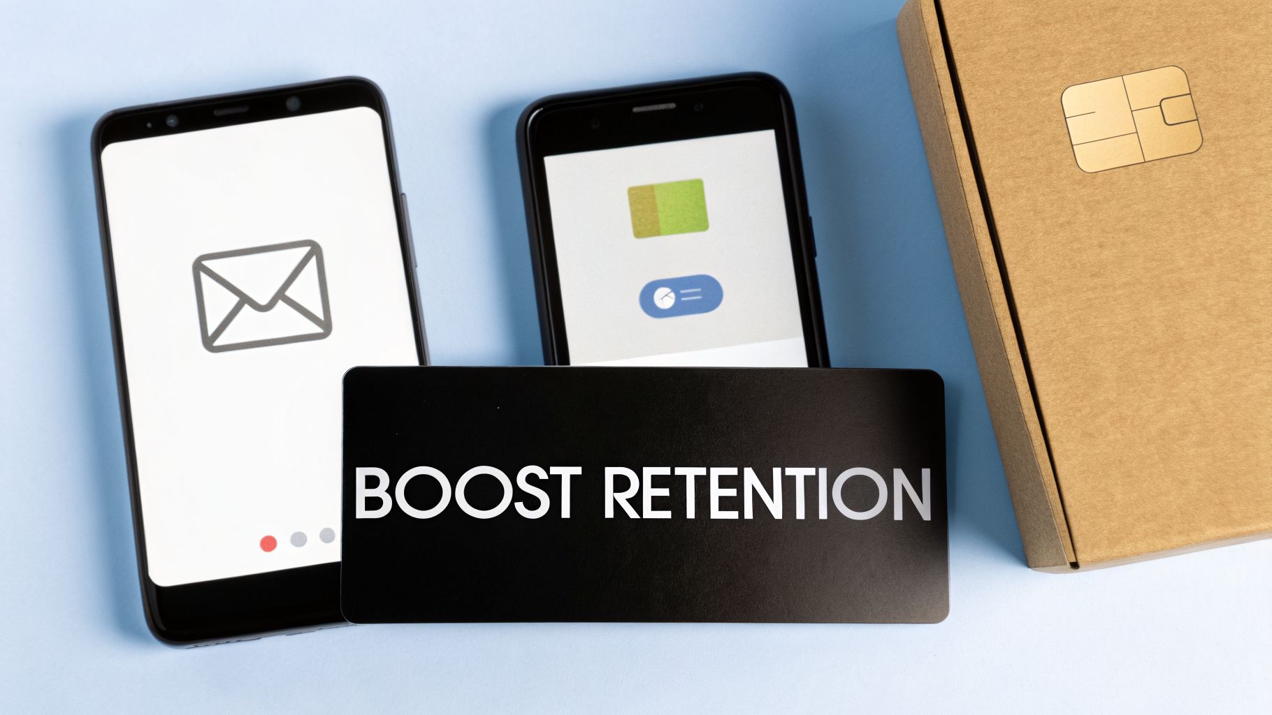 Two smartphones, a 'Boost Retention' card, and a payment box, symbolizing customer engagement strategies.