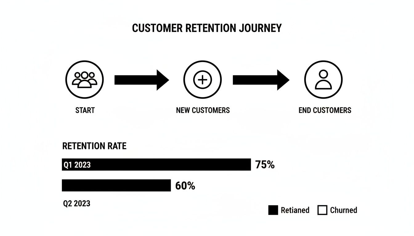 Customer retention journey diagram with icons, plus a bar chart of Q1 and Q2 2023 retention rates.
