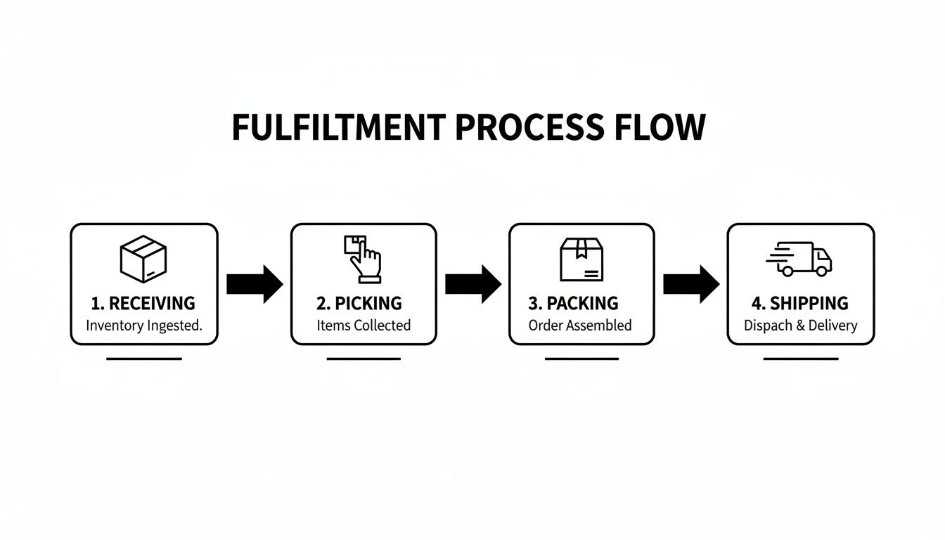 A fulfillment process flow chart illustrating four key steps: receiving, picking, packing, and shipping.