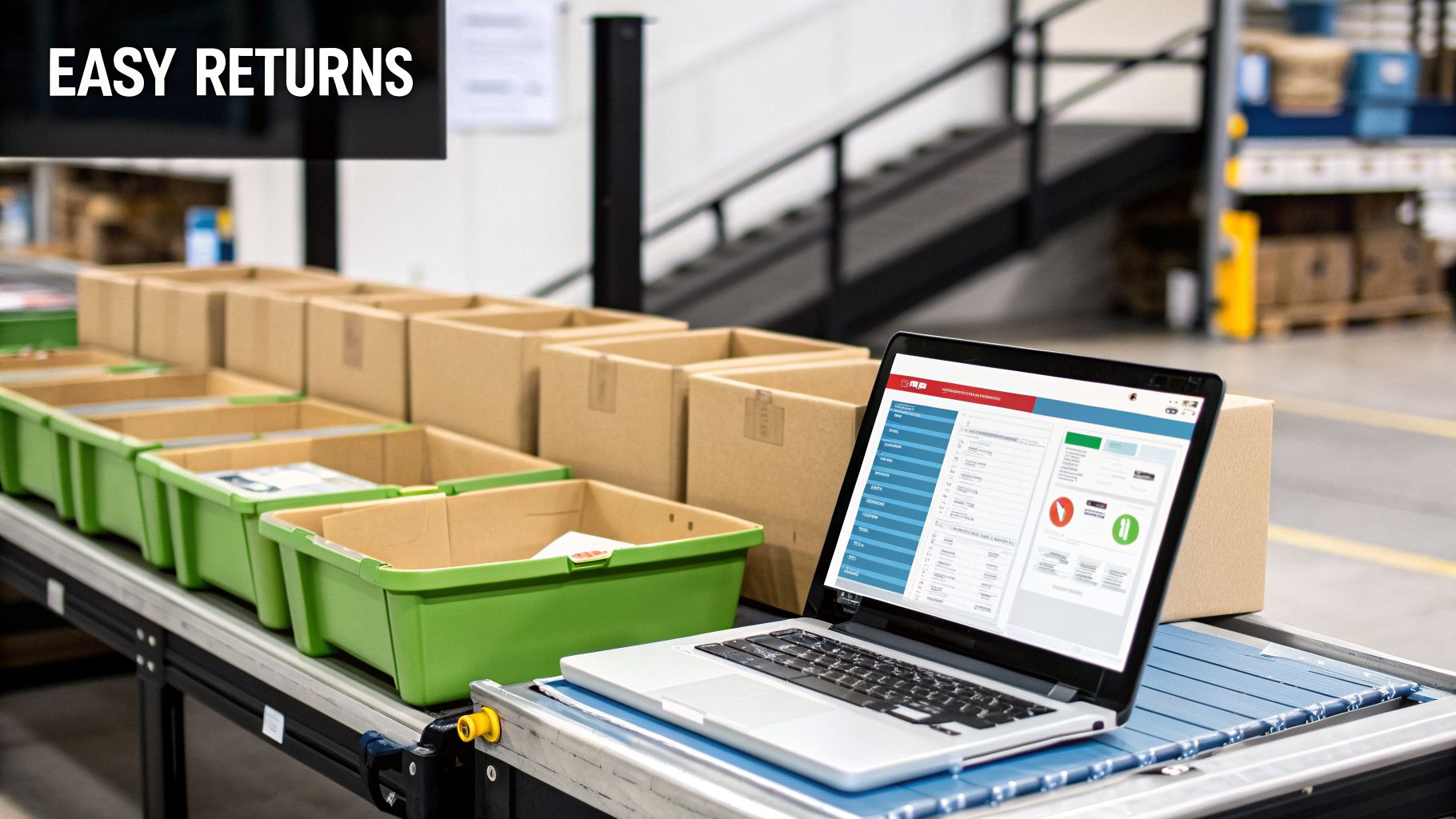 A laptop on a conveyor belt in a warehouse with boxes and bins, showing an 'Easy Returns' process.