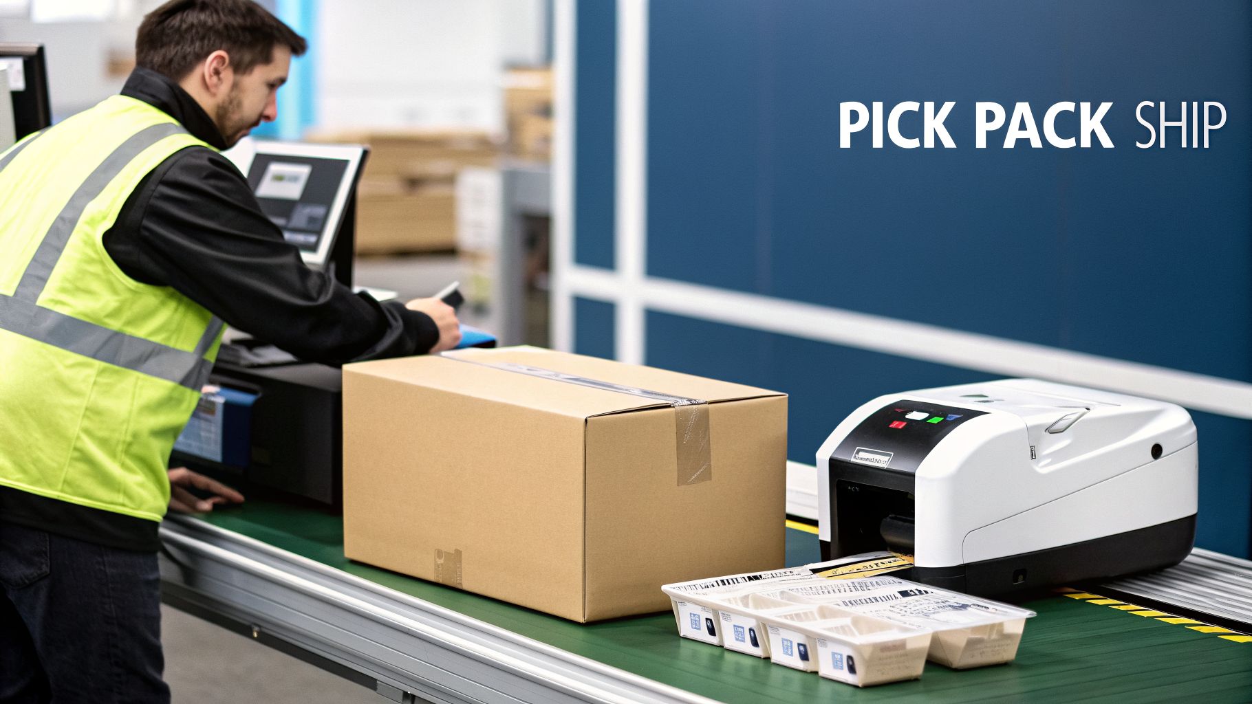 A warehouse worker in a safety vest processes a package on a conveyor belt with a label printer.