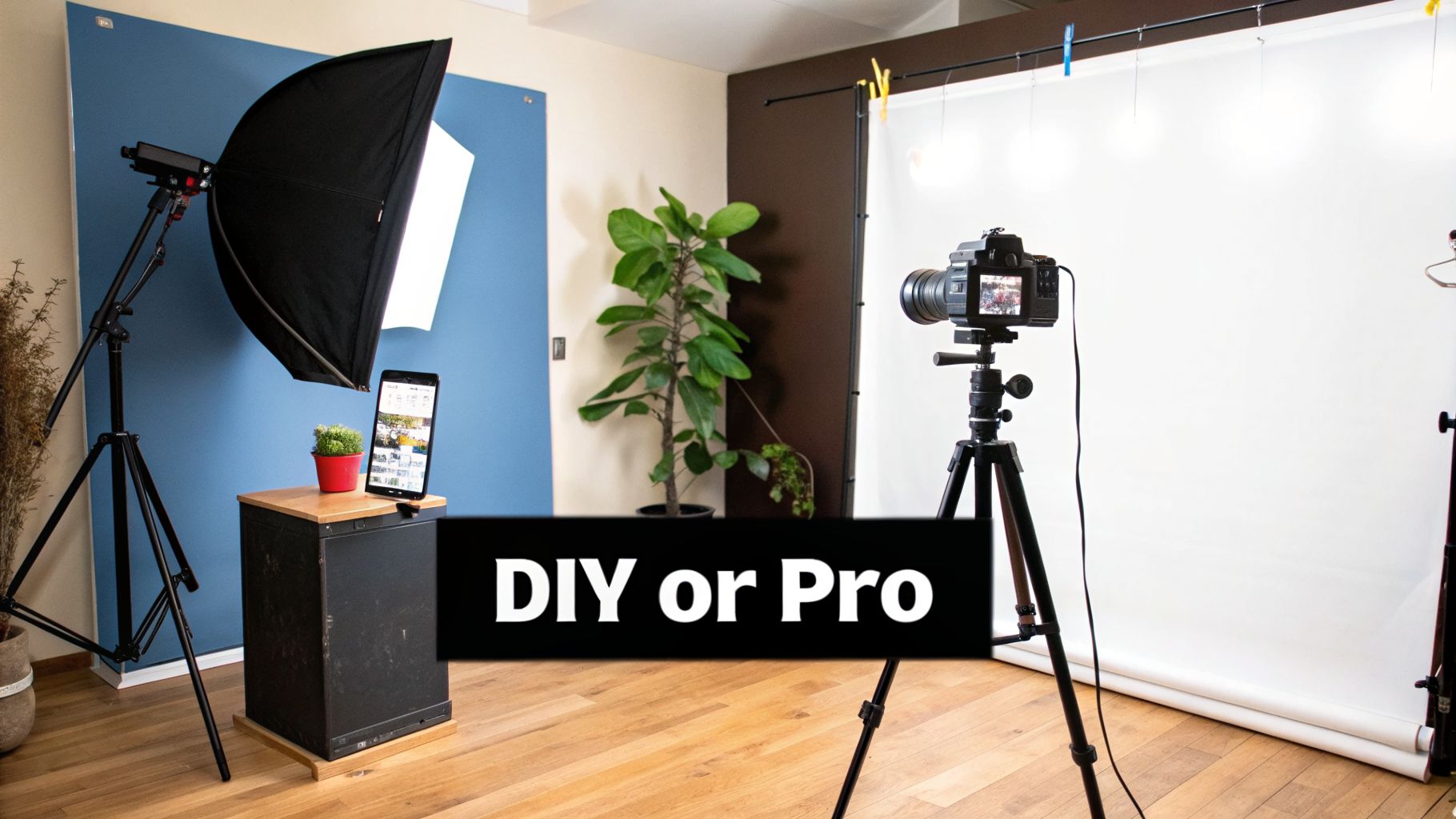 Professional photo studio setup with camera on tripod, softbox light, and a product display.