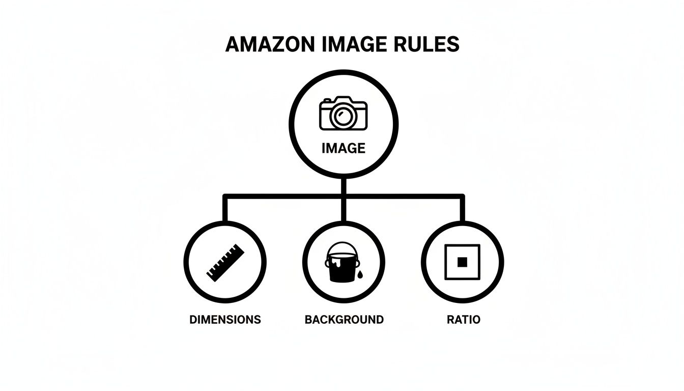 Diagram illustrating Amazon's product image rules covering dimensions, background, and aspect ratio.