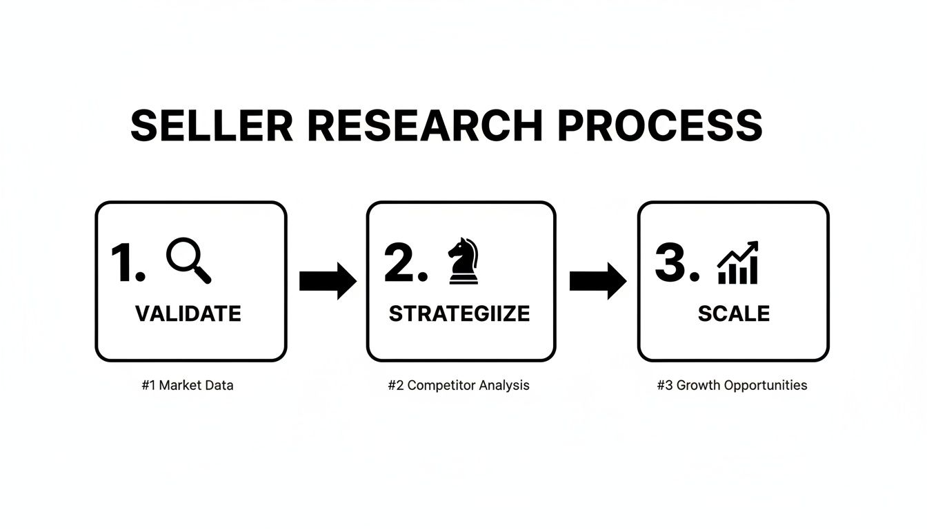 A three-step seller research process: validate market data, strategize with competitor analysis, and scale for growth.