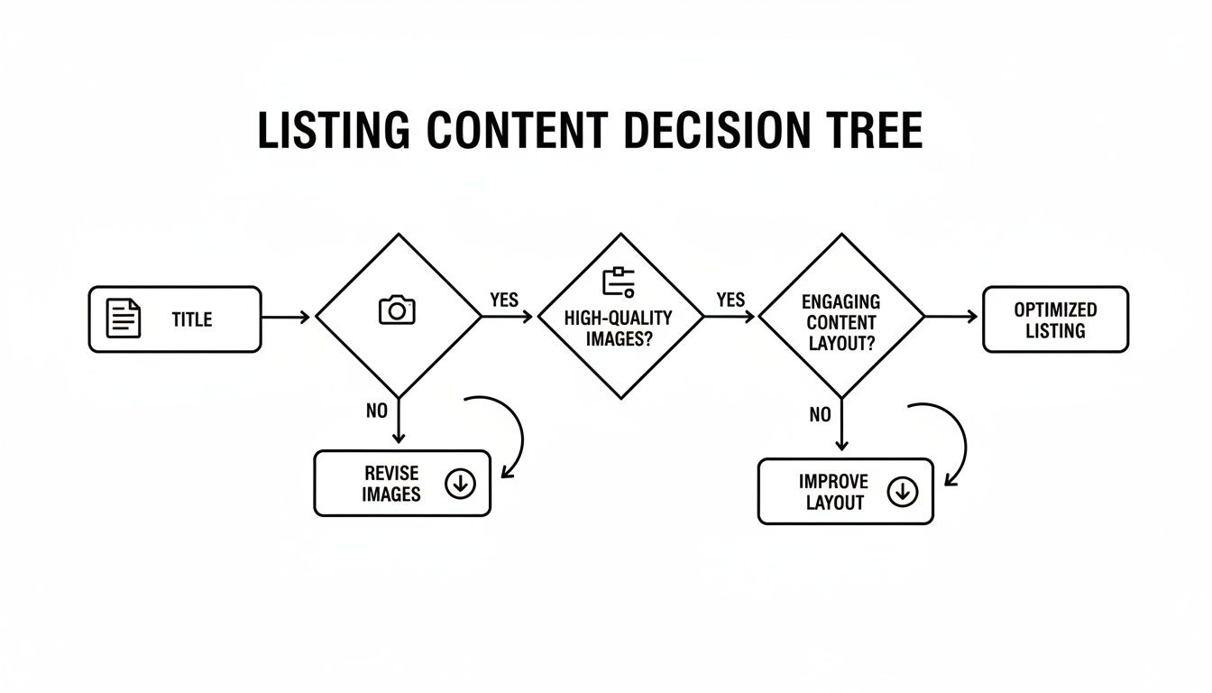 Decision tree outlining steps to optimize an online listing, covering title, images, and content layout.