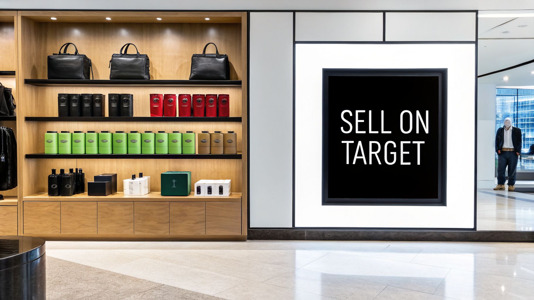 A stylish retail store display with bags and products on shelves next to a 'SELL ON TARGET' sign.