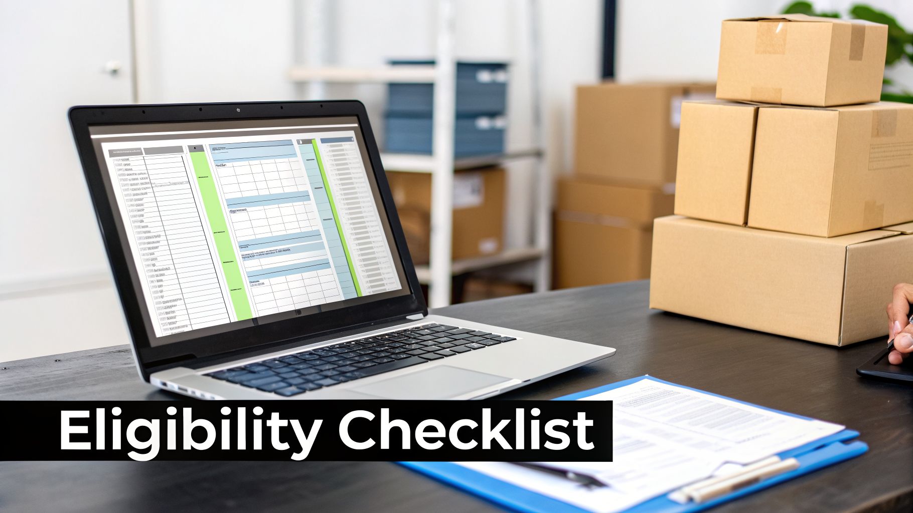 A laptop displaying an eligibility checklist and stacked shipping boxes, suggesting e-commerce fulfillment and readiness.