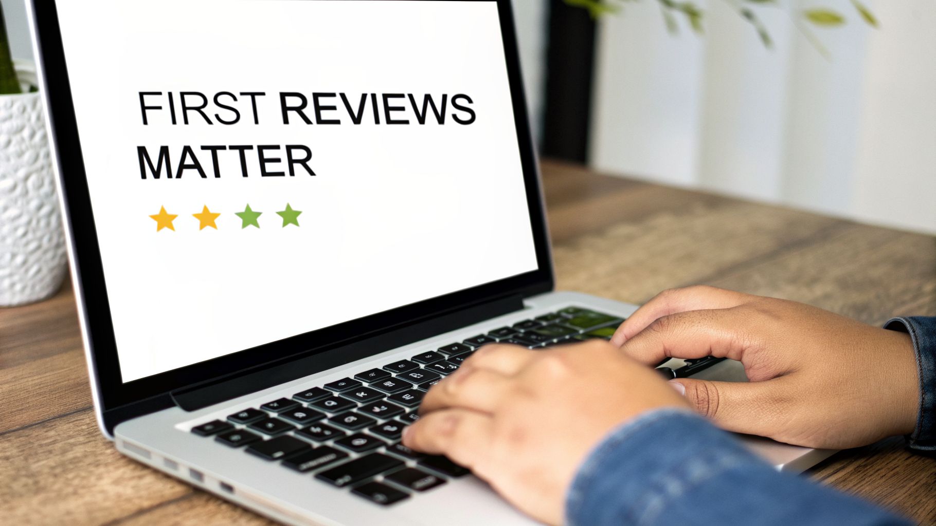 A person typing on a laptop with a screen showing 'FIRST REVIEWS MATTER' and four star ratings.