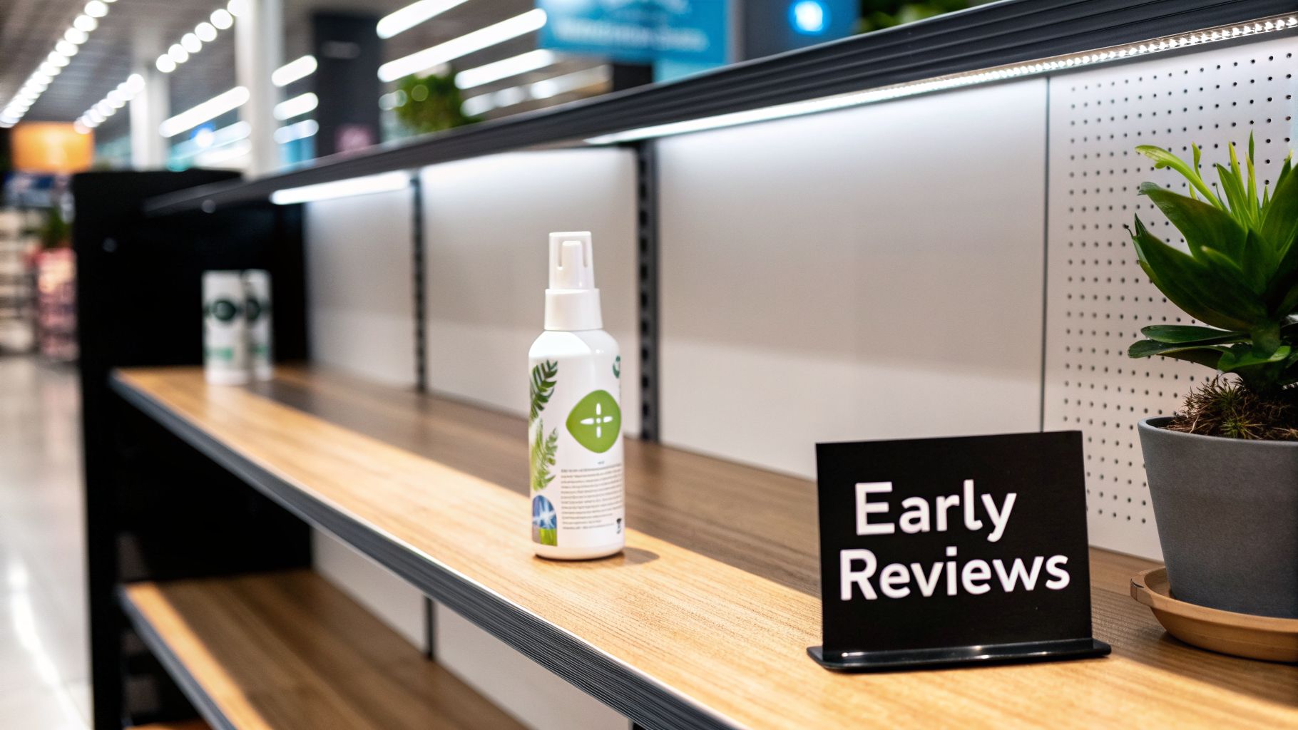 A retail shelf displays a white spray bottle, a potted plant, and a sign for 'Early Reviews'.