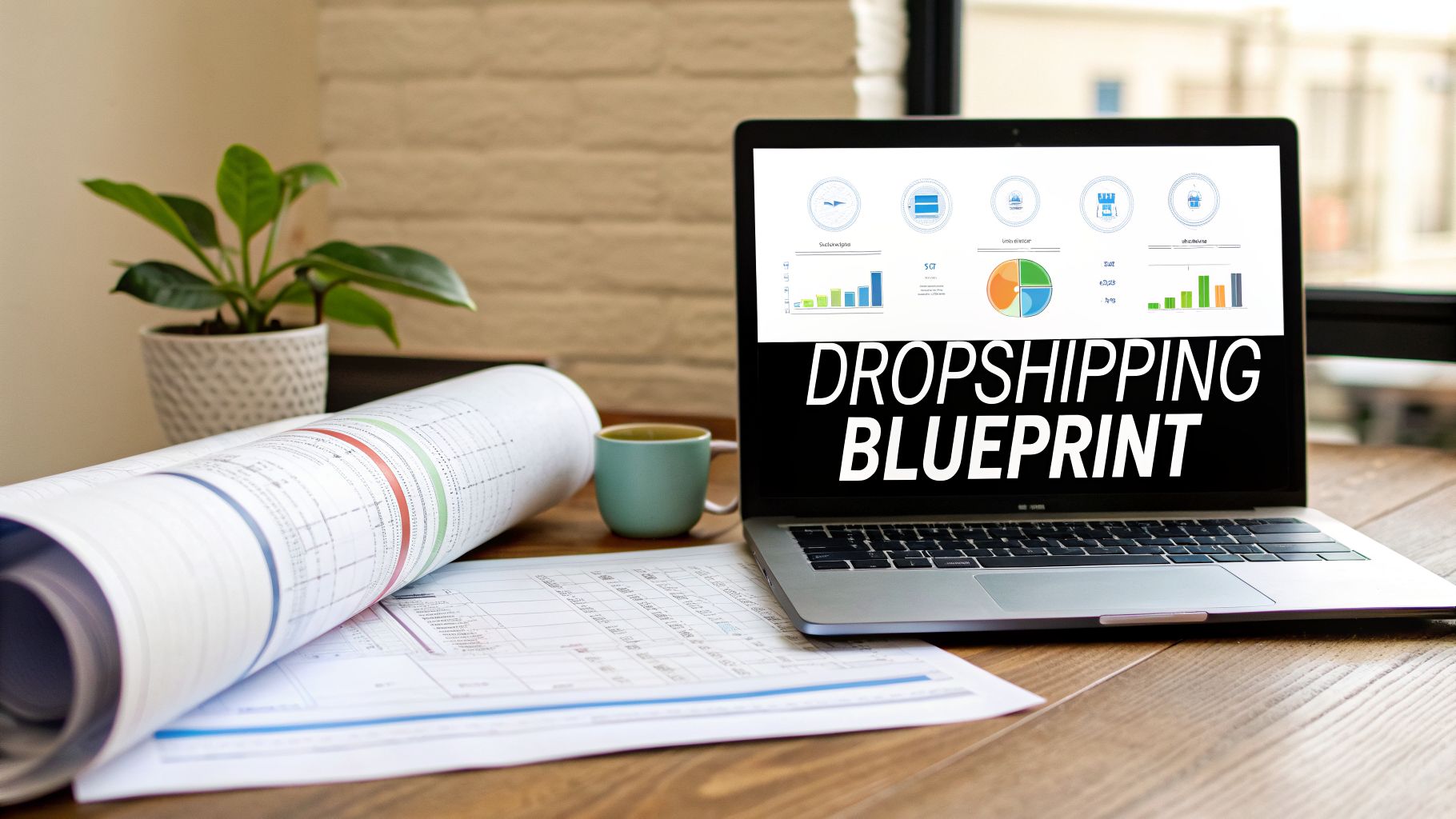 A laptop displaying a 'Dropshipping Blueprint' with charts, alongside rolled documents and a coffee cup on a desk.