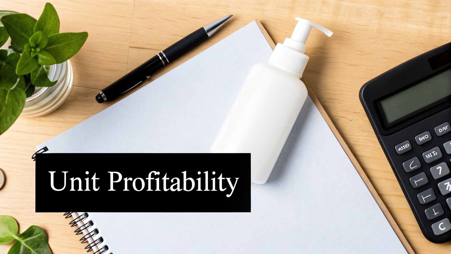 Overhead view of a desk with a calculator, pen, plant, and notebook, showing 'Unit Profitability'.