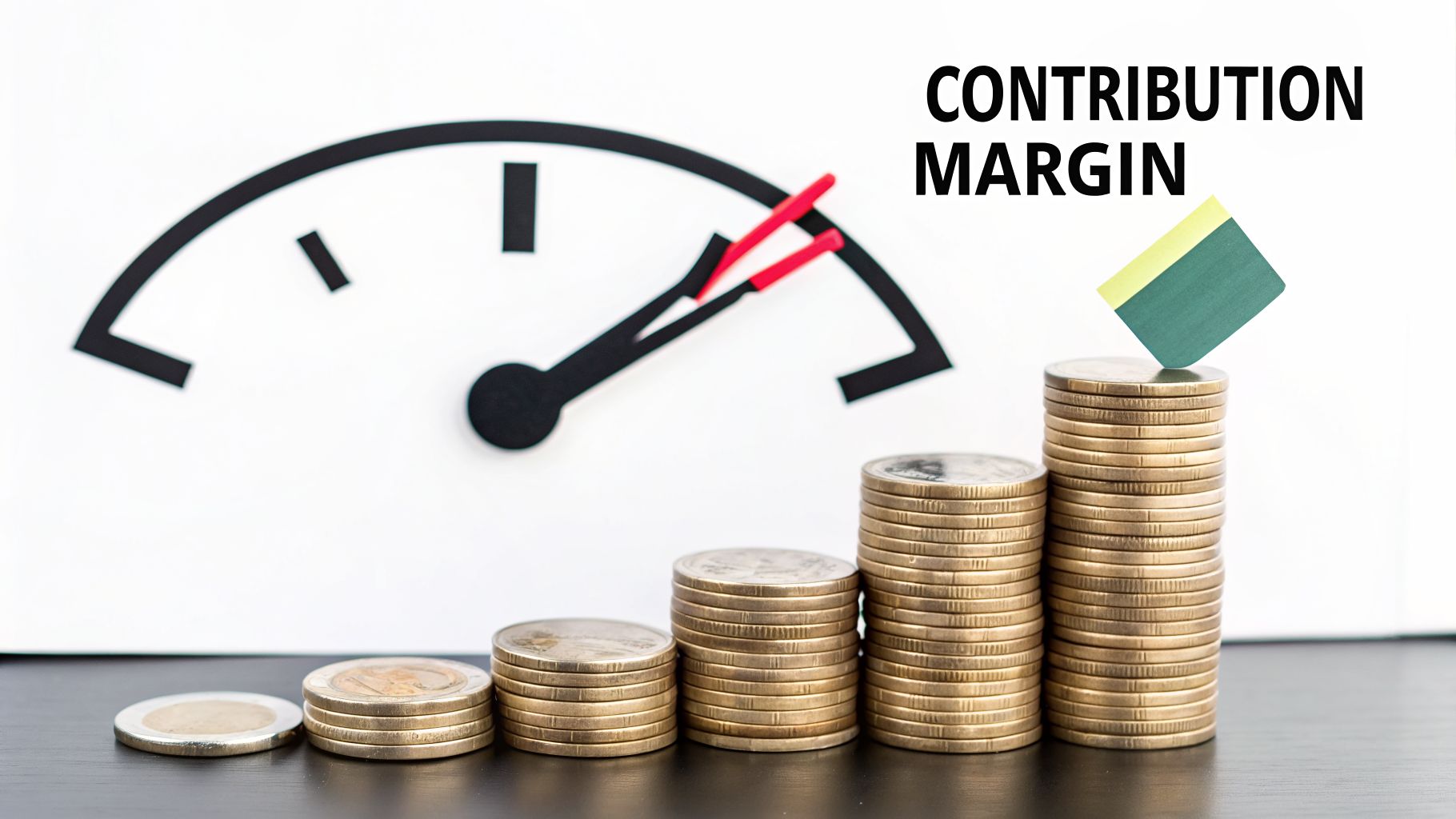 Increasing coin stacks and a financial gauge illustrating high contribution margin for business growth.