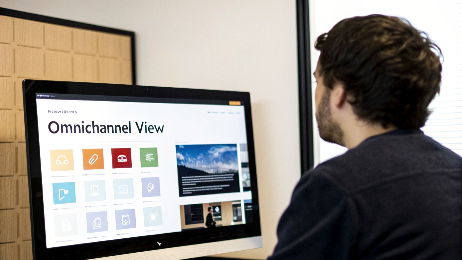 A man from behind intently views an 'Omnichannel View' dashboard on a desktop computer screen.