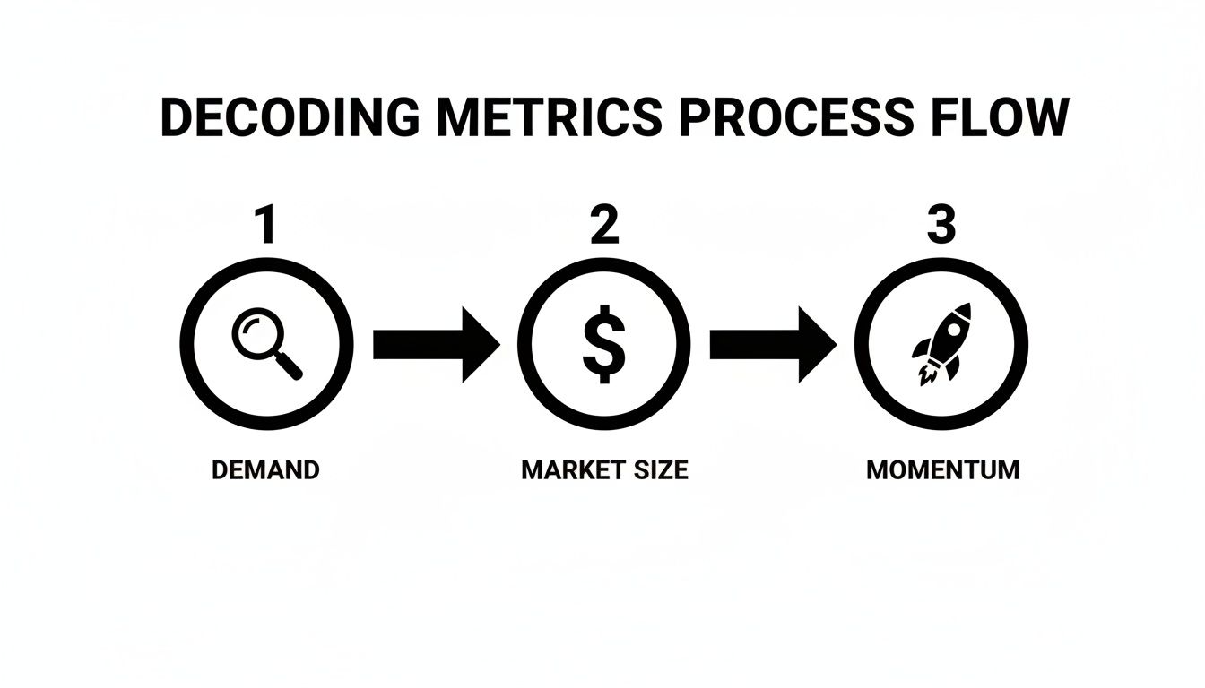 A process flow diagram illustrating decoding metrics: Demand, Market Size, and Momentum, with corresponding icons.