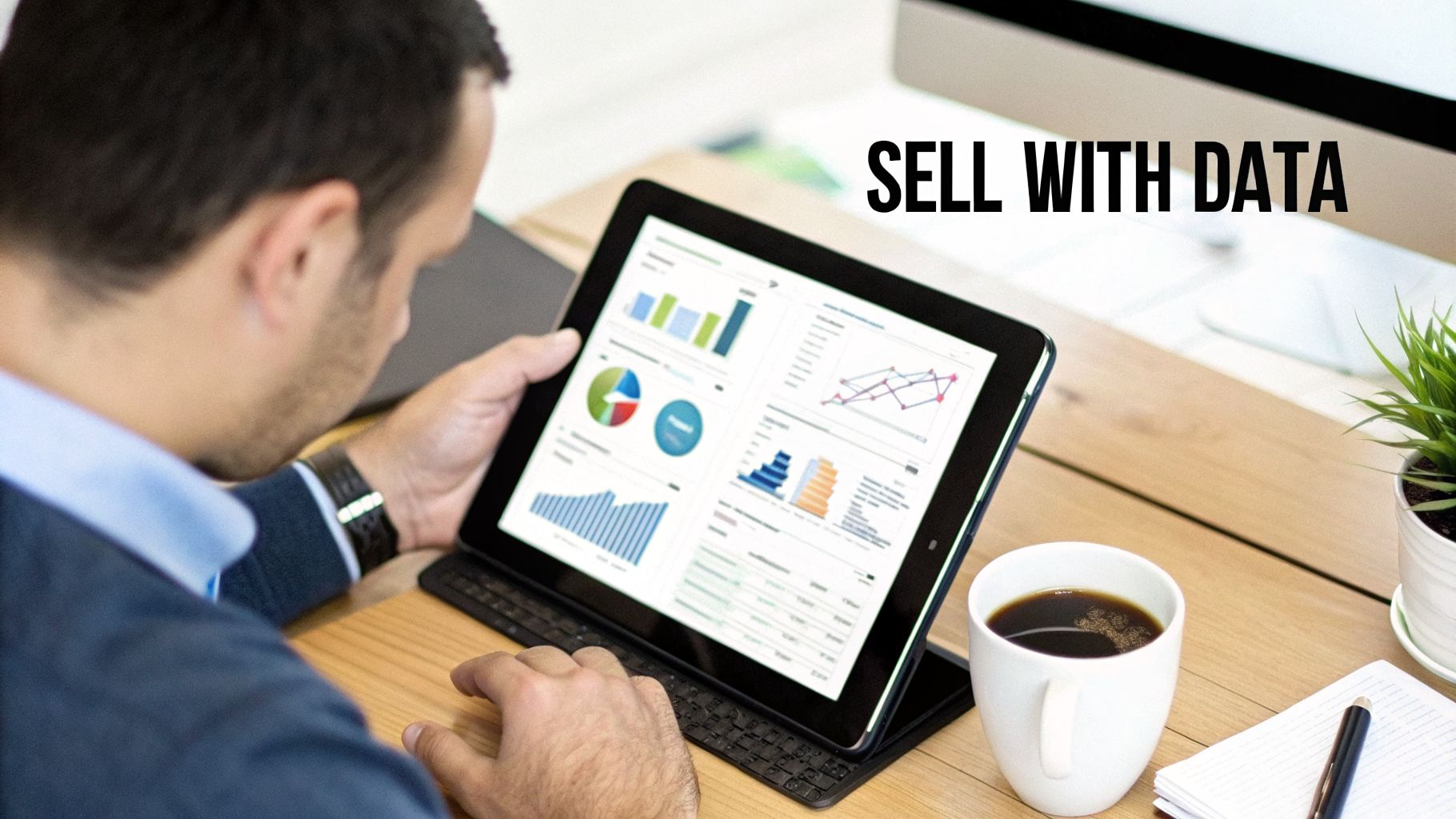 A man views sales data and charts on a tablet, with 'SELL WITH DATA' text, in an office workspace.