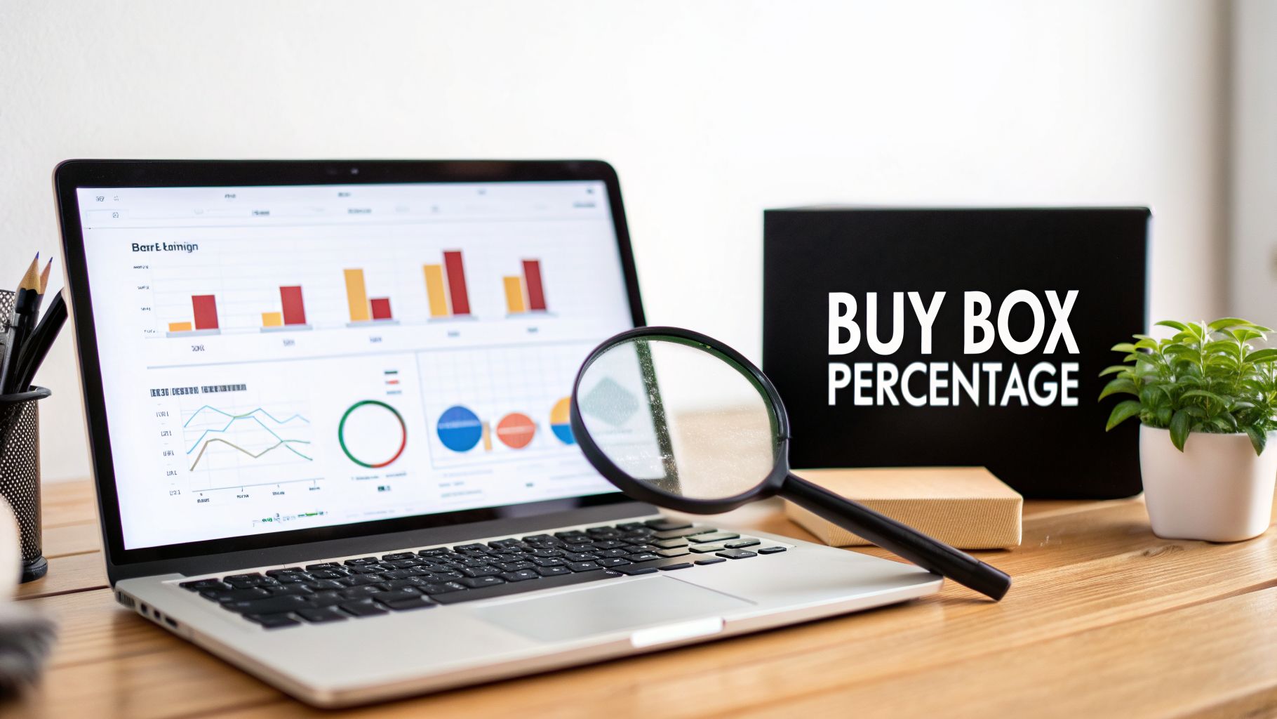 A laptop showing business analytics graphs, with a magnifying glass, next to a 'BUY BOX PERCENTAGE' sign and plant.