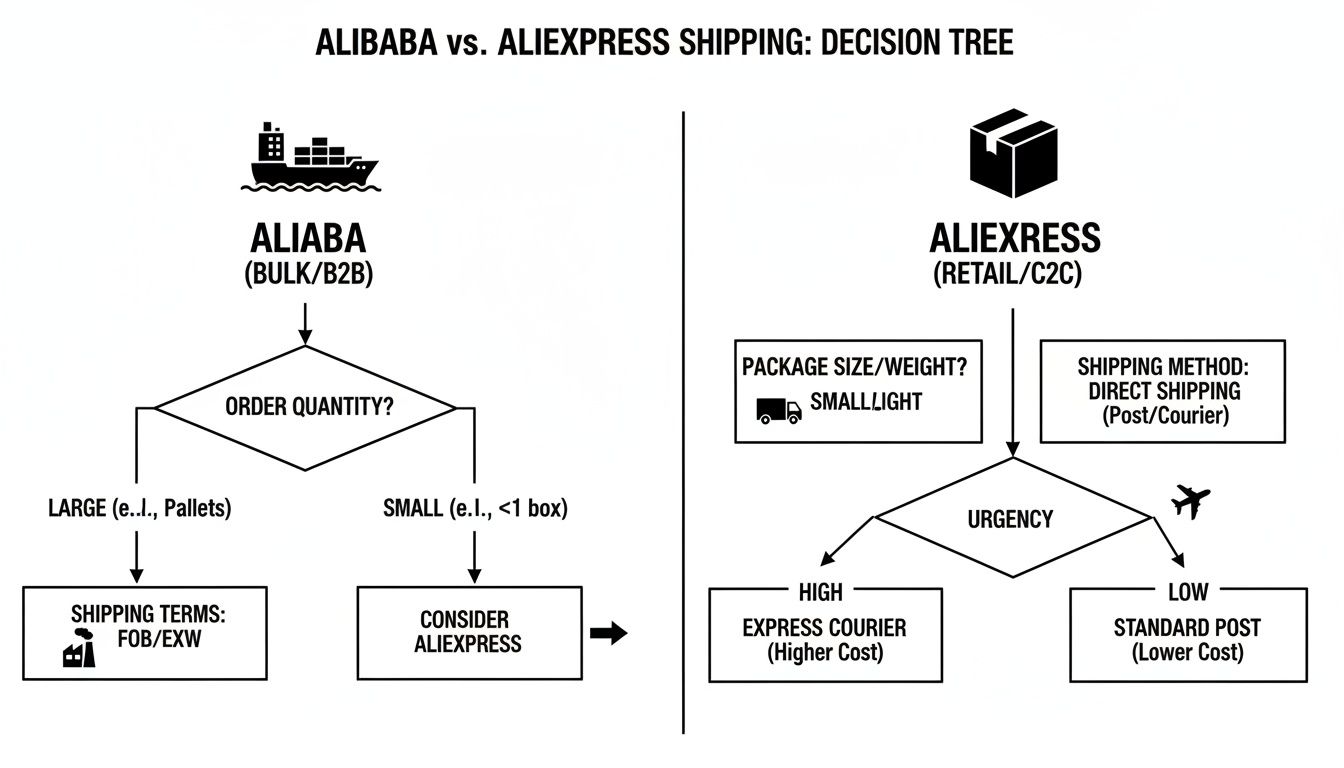 Decision tree illustrating shipping choices for Alibaba (bulk) and AliExpress (retail) based on order quantity and urgency.