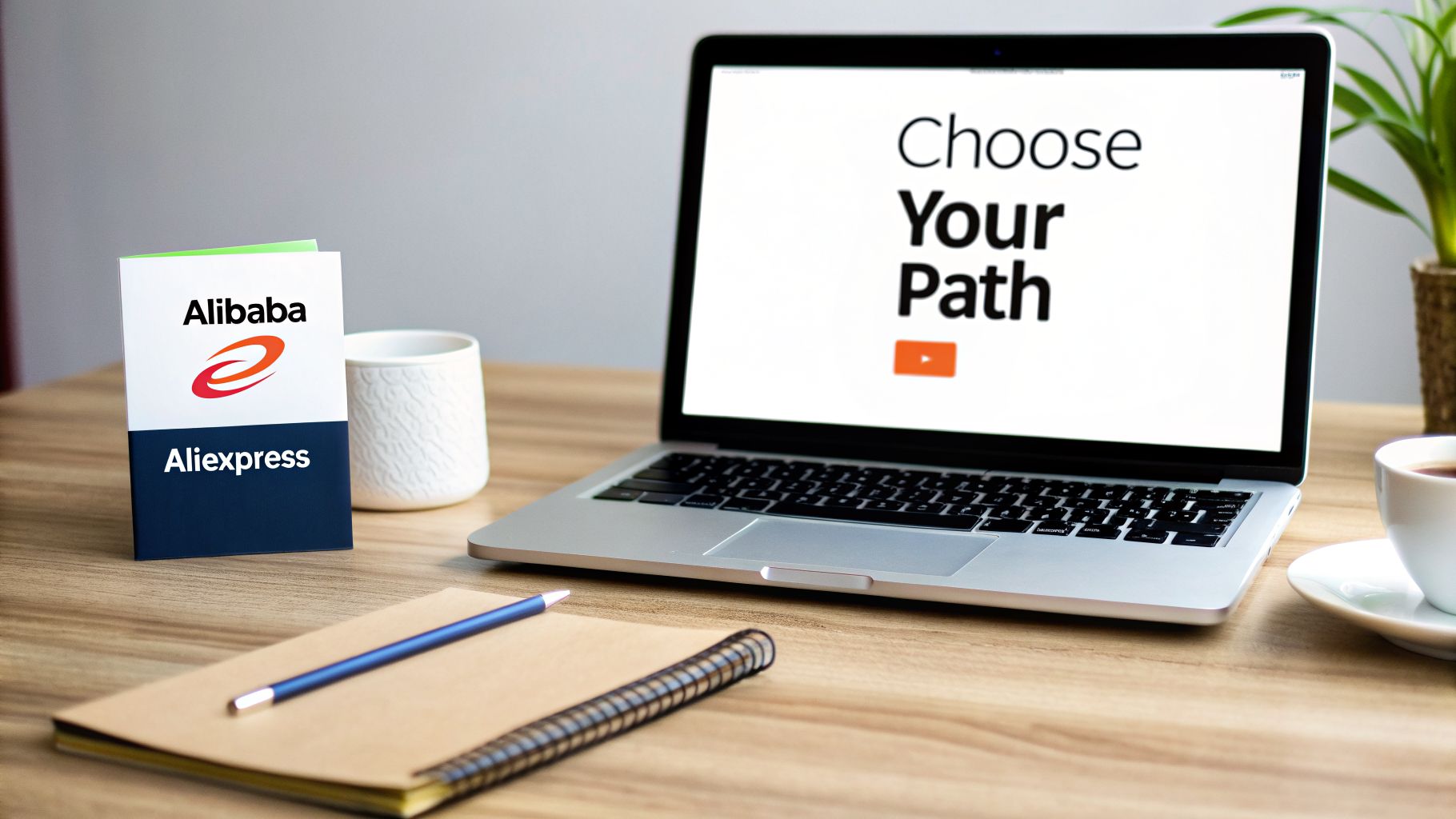 A desk with a laptop showing 'Choose Your Path' next to a brochure with Alibaba and Aliexpress logos, symbolizing business choices.