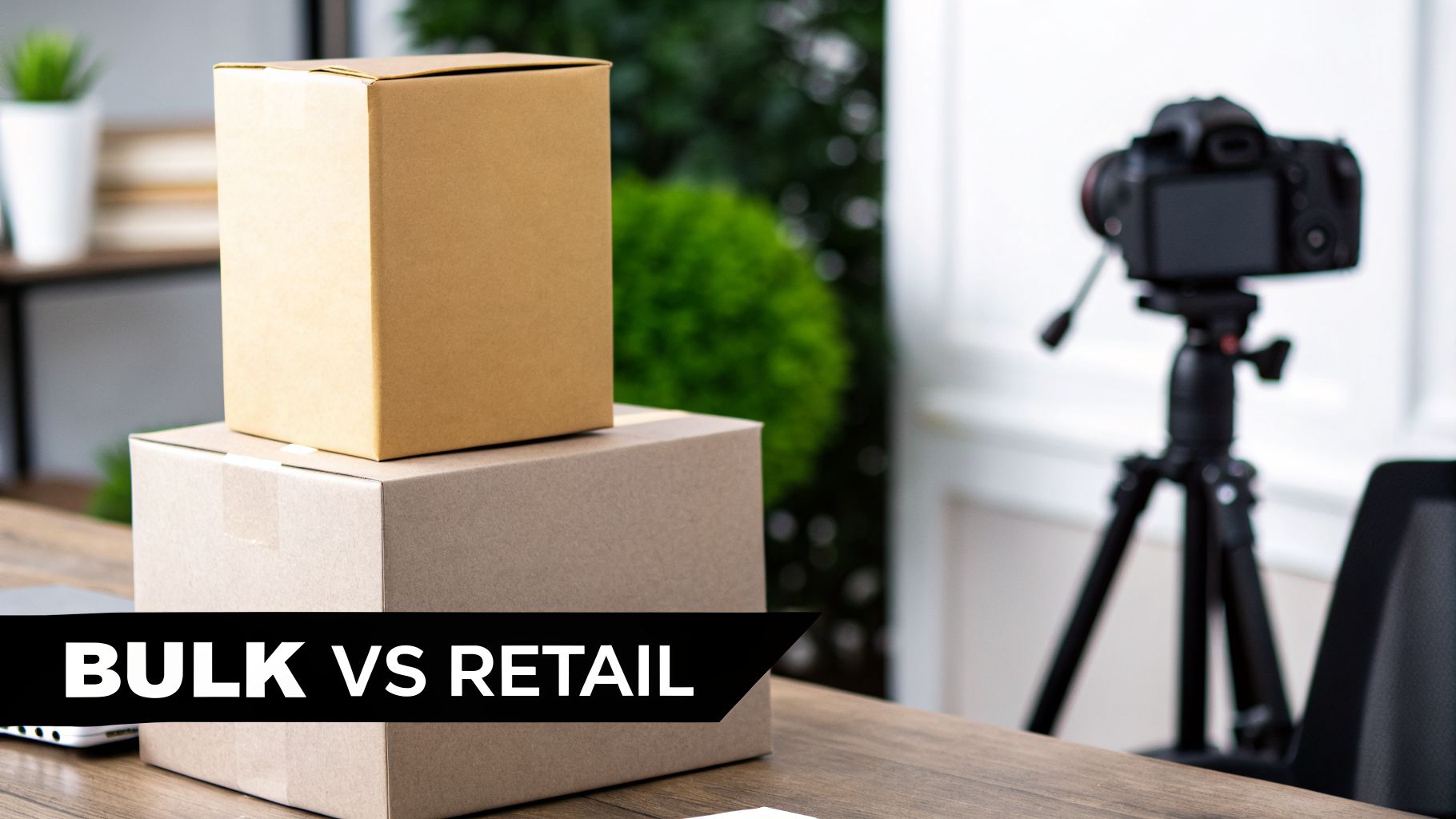Cardboard boxes stacked on a desk with a camera, representing bulk vs retail concepts.